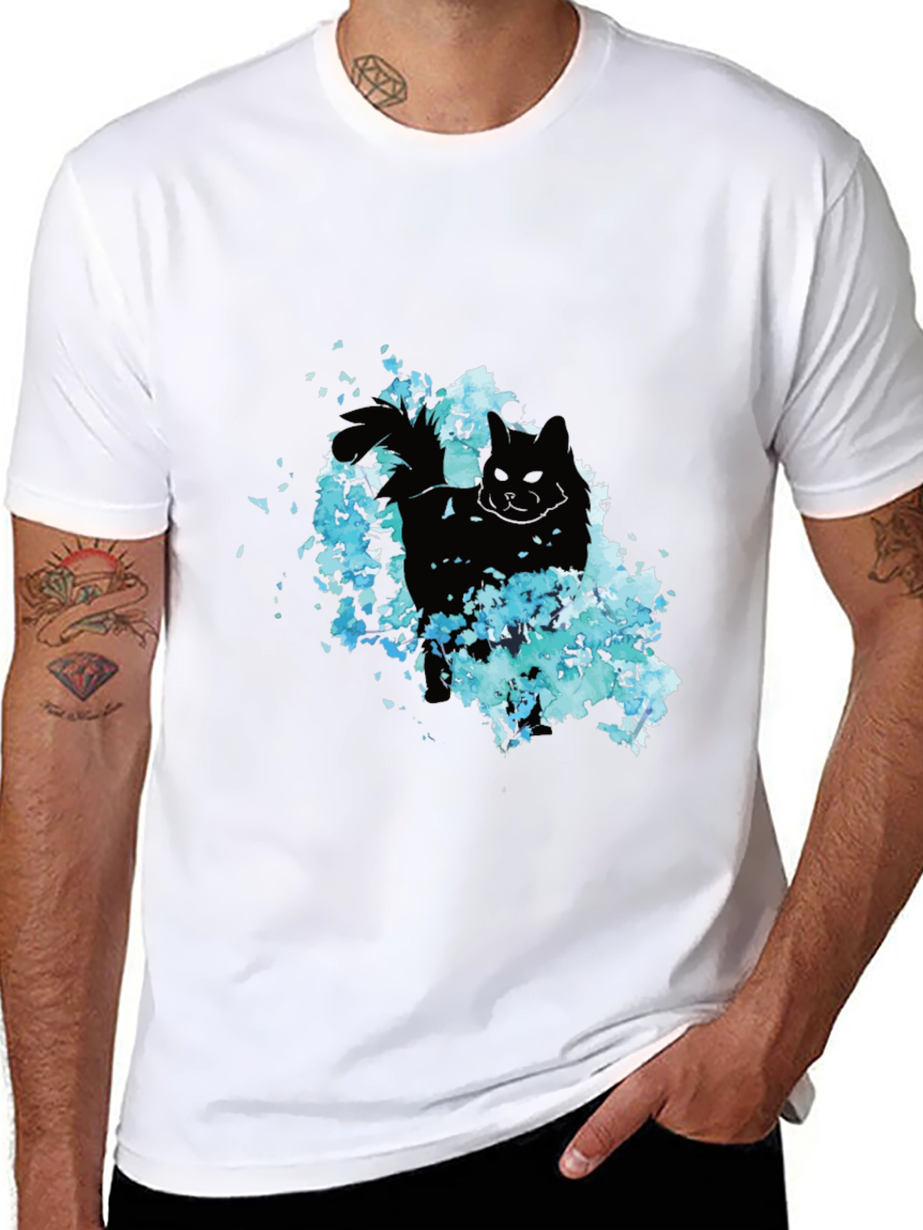 Black Black Cat Floral Graphic Tee - Men's Casual T-Shirt view 8