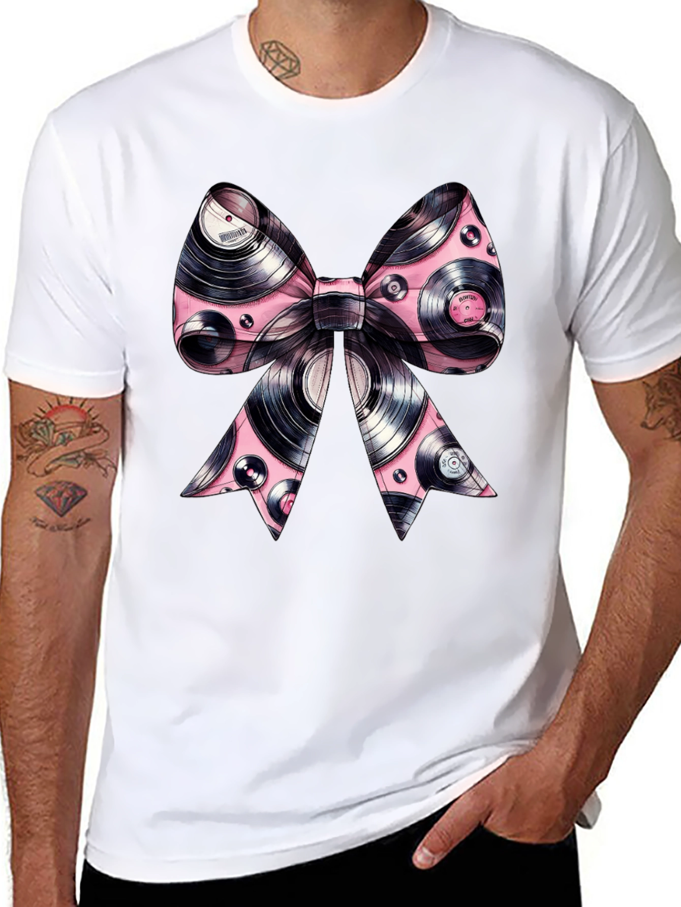 Vinyl Record Bow Tie Graphic Black T-Shirt - 8