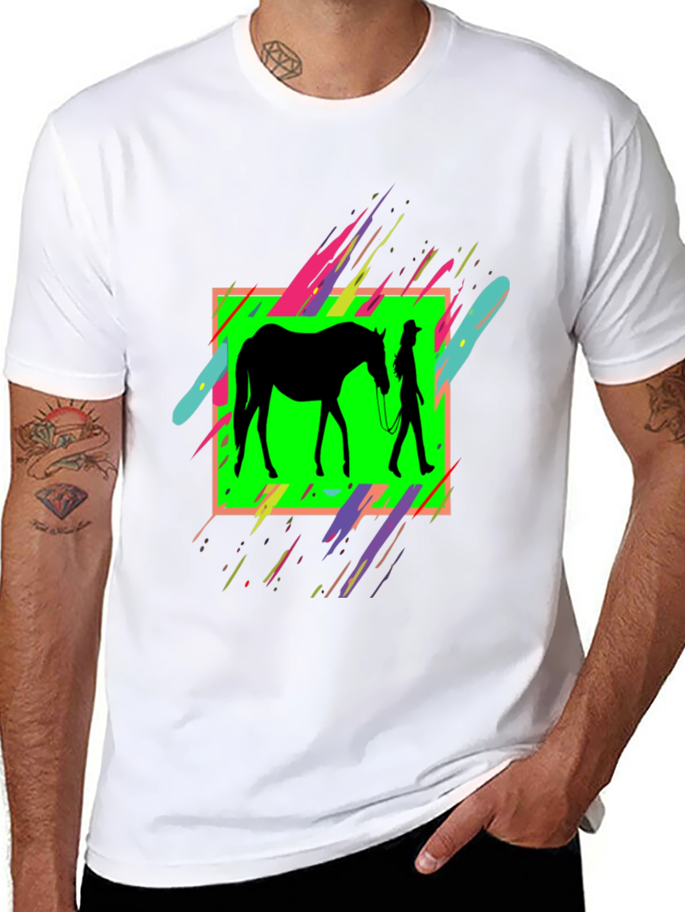 Black Horse & Rider Graphic Tee - Neon Silhouette Design view 8