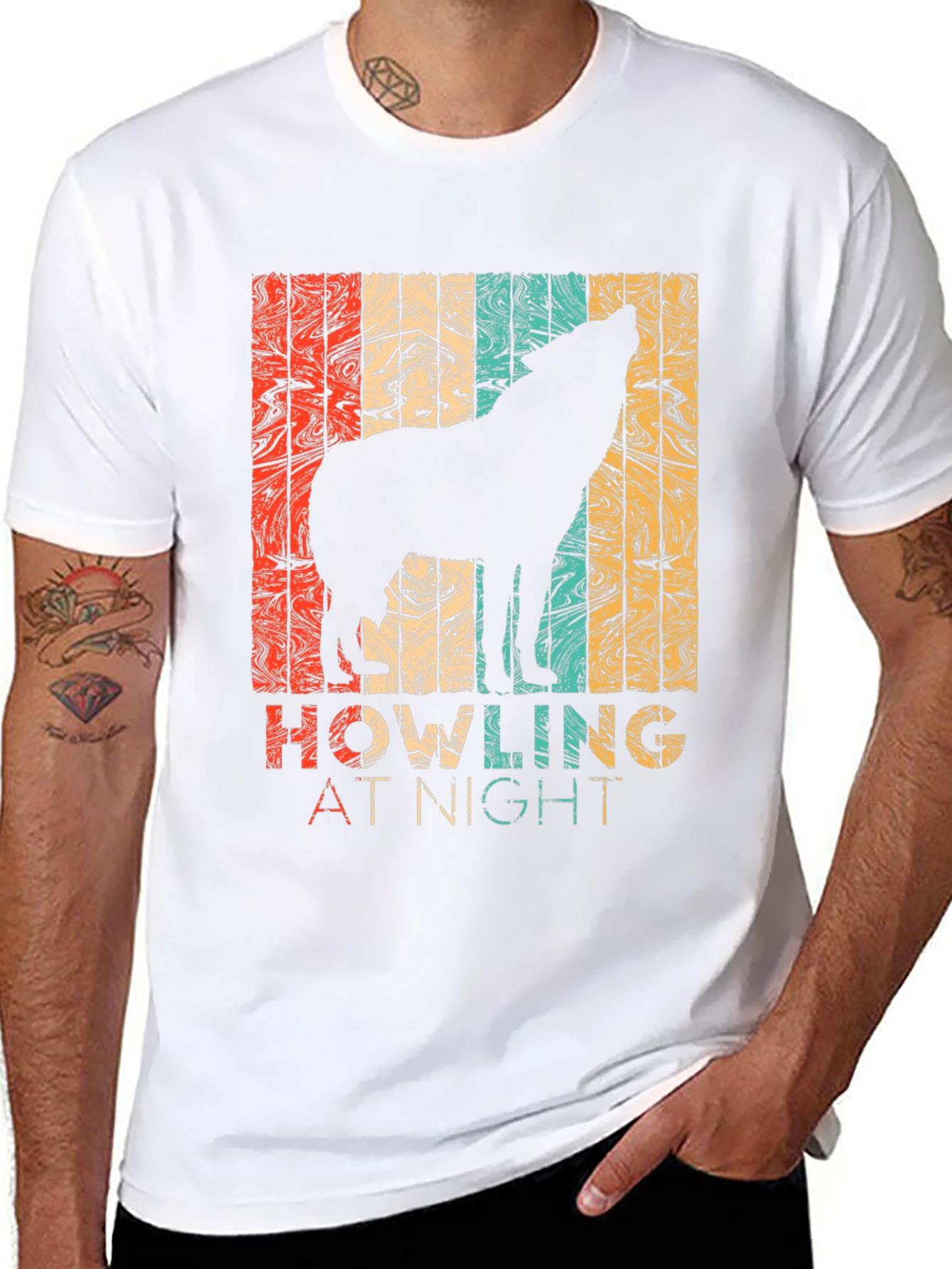 Black Retro Wolf Howling at Night Graphic T-Shirt view 8