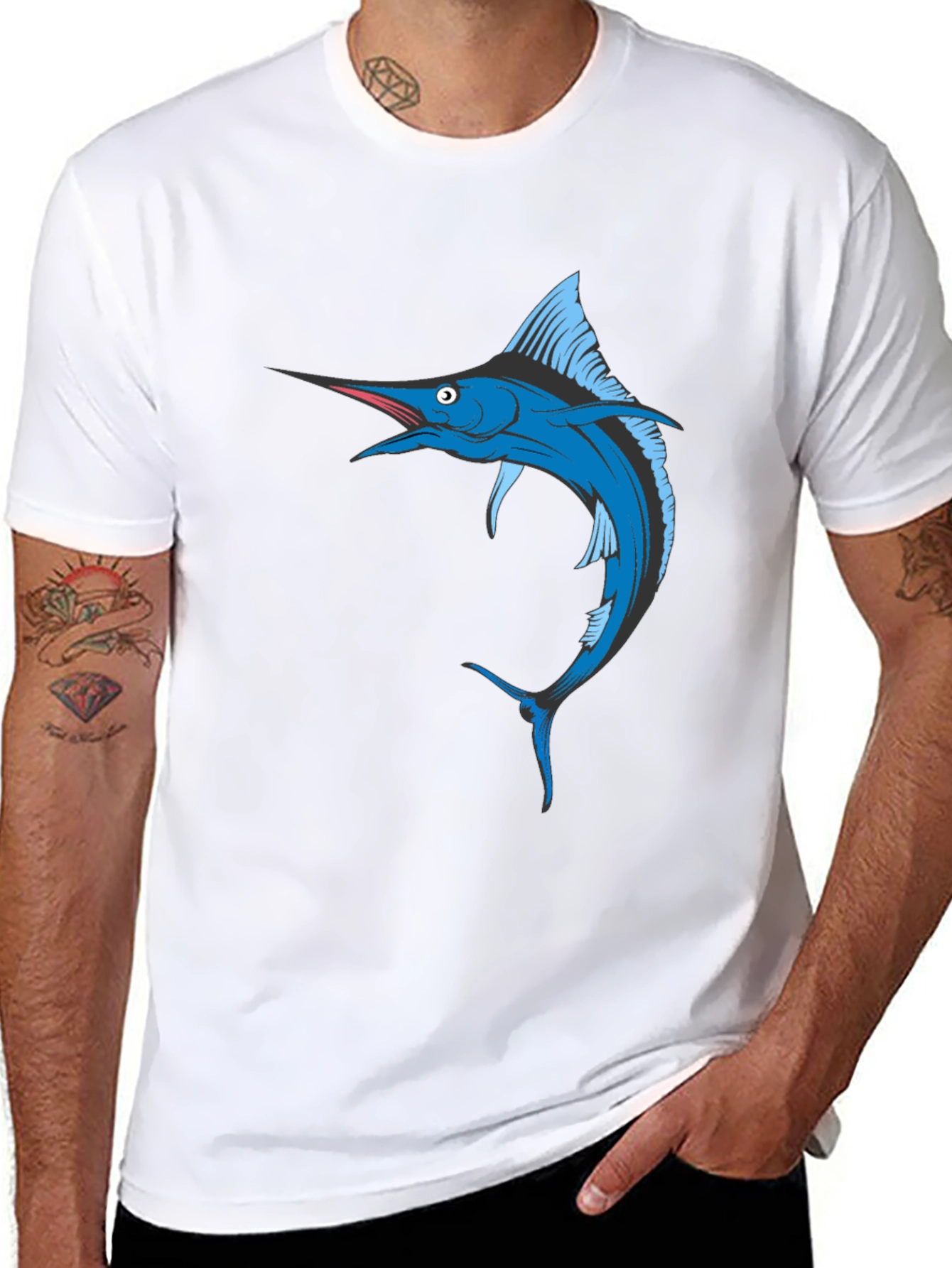 Black Blue Marlin Fish Graphic T-Shirt - Black Cotton Tee view 8