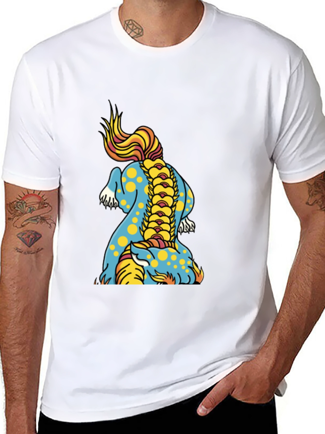 Black Men's Black T-Shirt with Colorful Dragon Design view 8