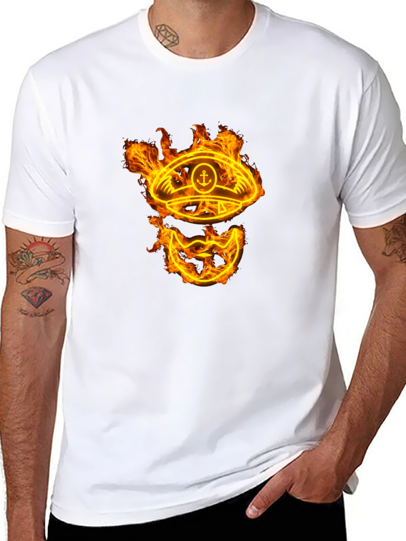 Black Flaming Captain Hat Graphic T-Shirt - Unique Design view 8