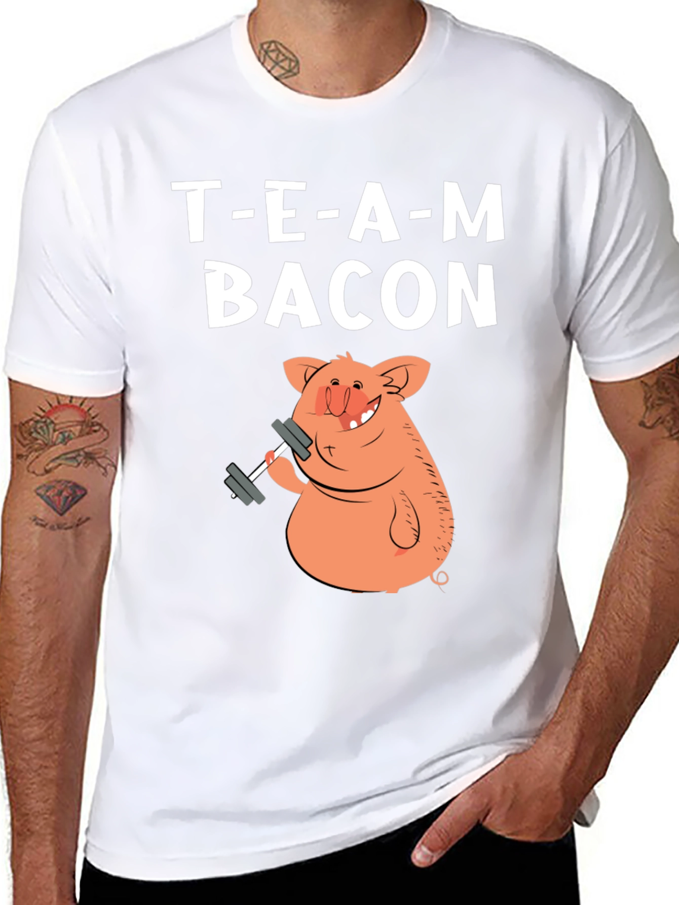 Black Team Bacon Pig Lifting Weights Graphic T-Shirt view 8