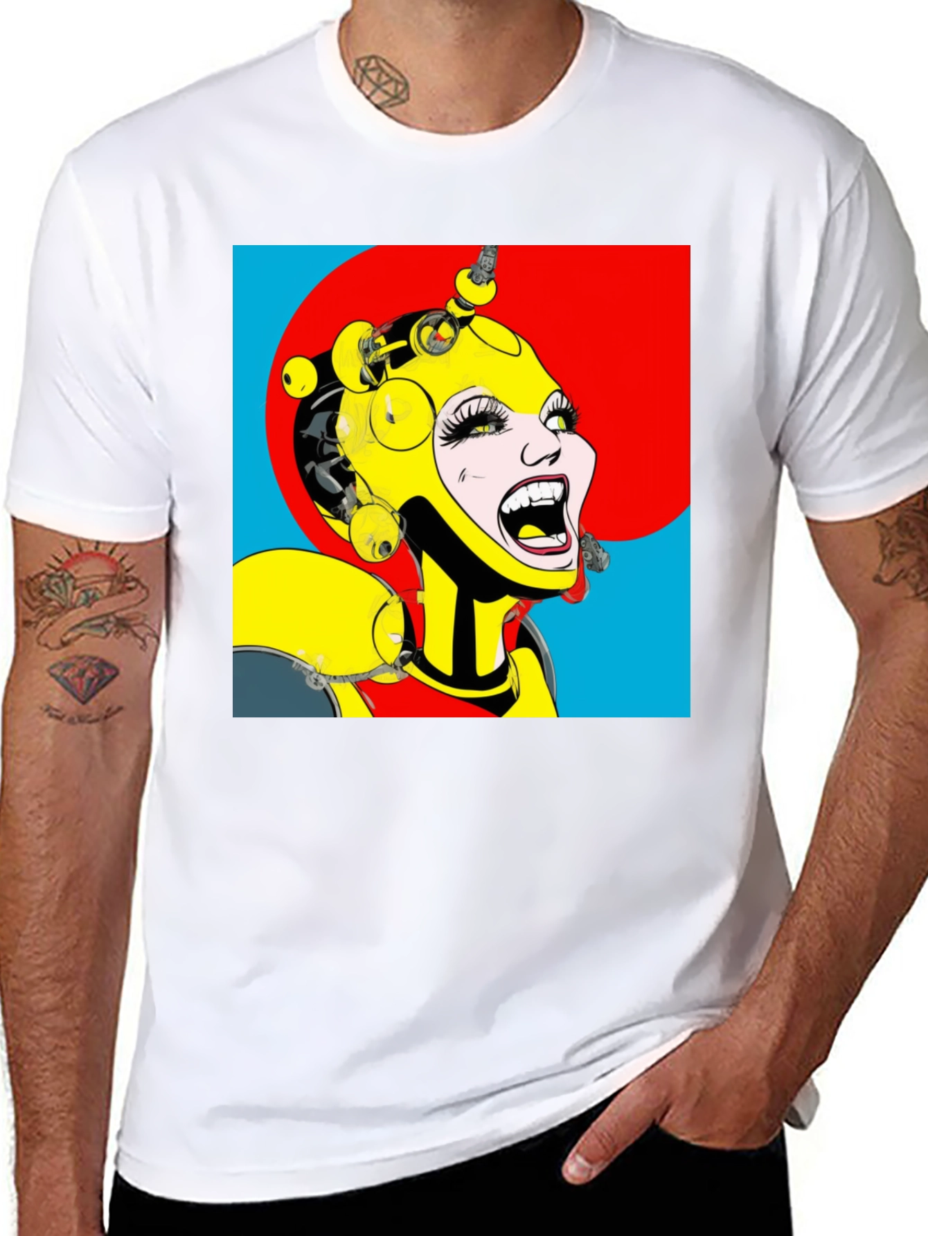 Black Pop Art Robot Woman Graphic T-Shirt view 8