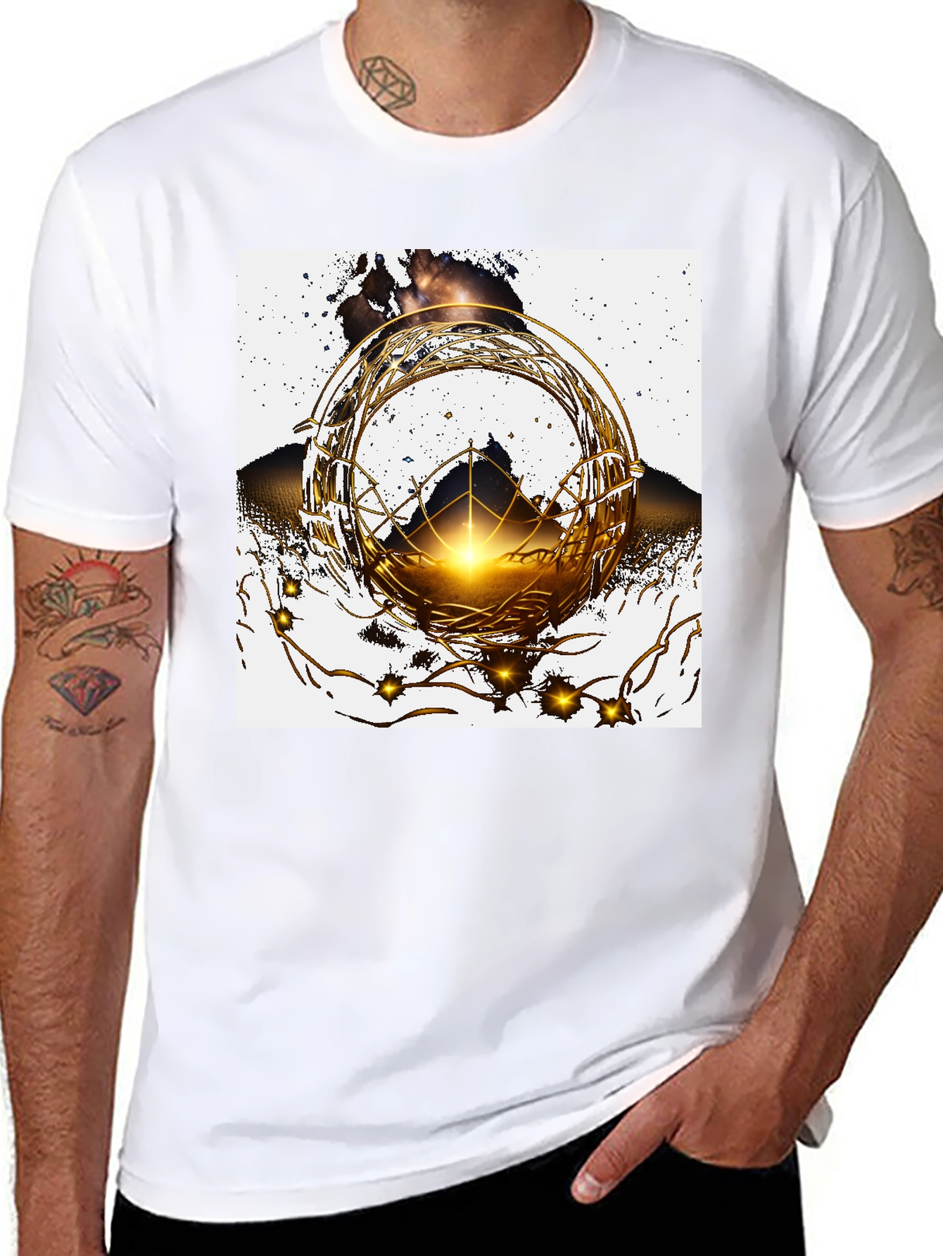 Black Geometric Gold Design Black T-Shirt view 8