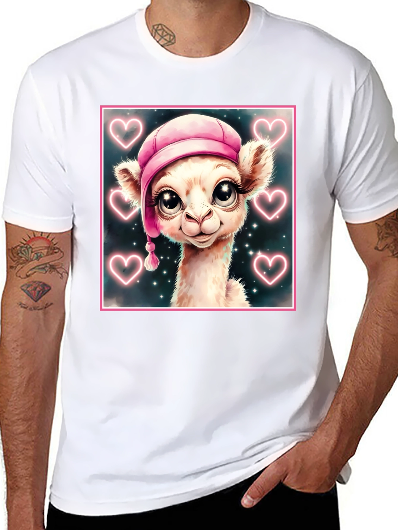Black Cute Llama in Pink Hat - Graphic Tee view 8