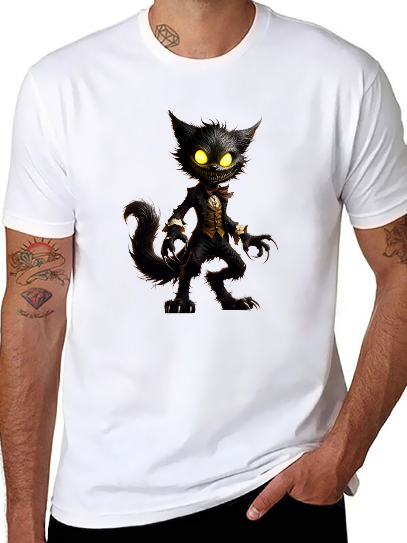 Black Creepy Cat T-Shirt - Unique Graphic Tee view 8