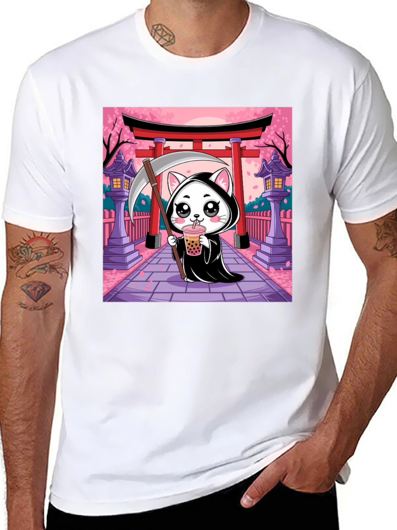 Black Kawaii Grim Reaper Cat T-Shirt view 8