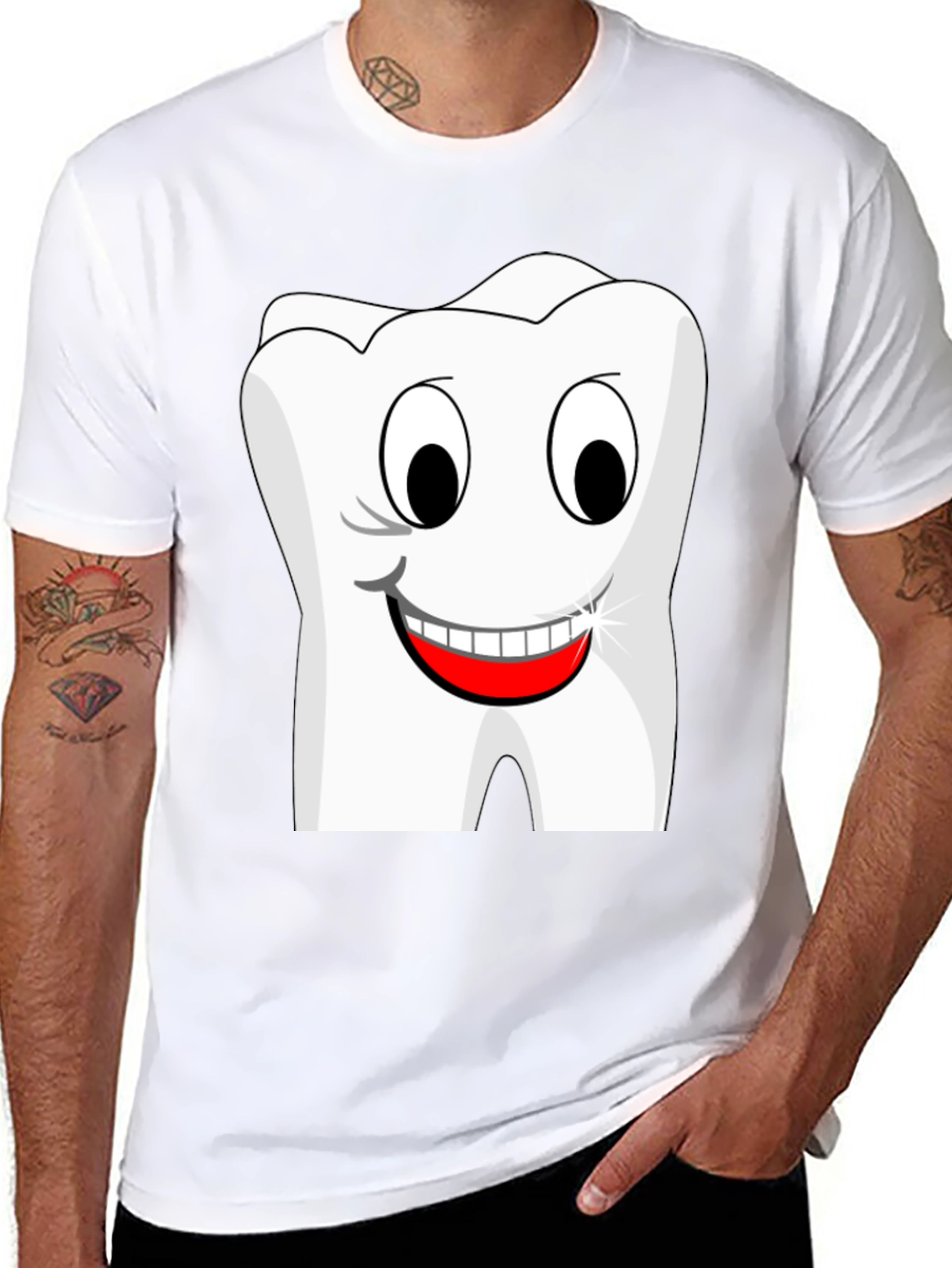 Black Funny Cartoon Tooth Graphic T-Shirt - Black Cotton Tee view 8