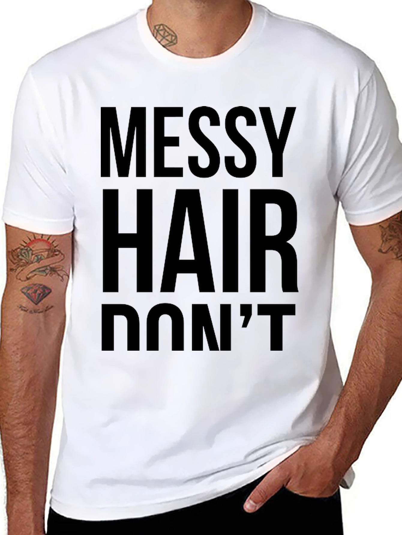 Black Messy Hair Don't Care Graphic Tee - Classic Black T-Shirt view 8