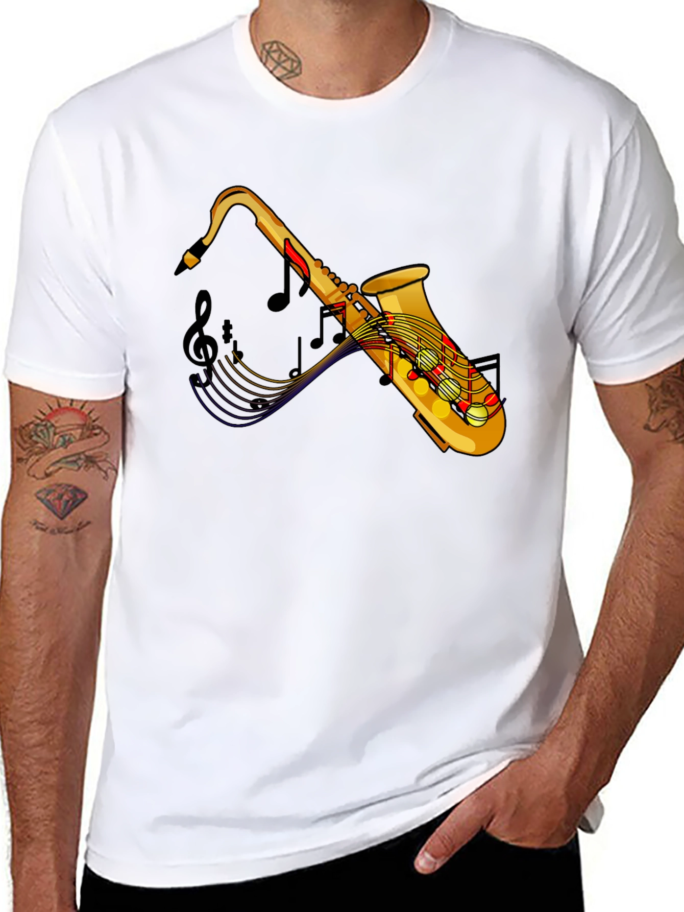 Black Saxophone Music Notes Graphic Black Tee Shirt view 8