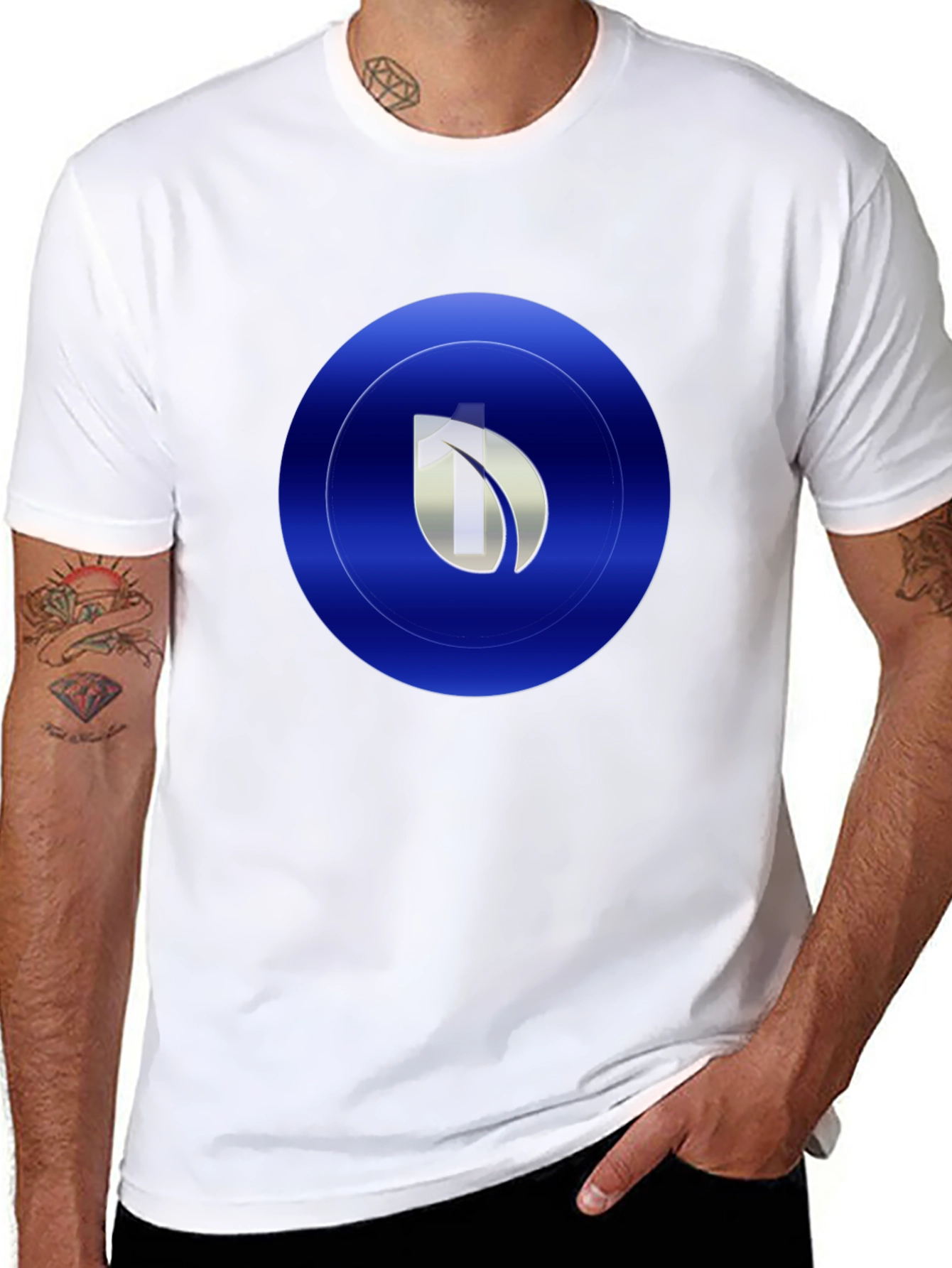 Black Modern Blue Leaf Circle Graphic Print Black T-Shirt view 8