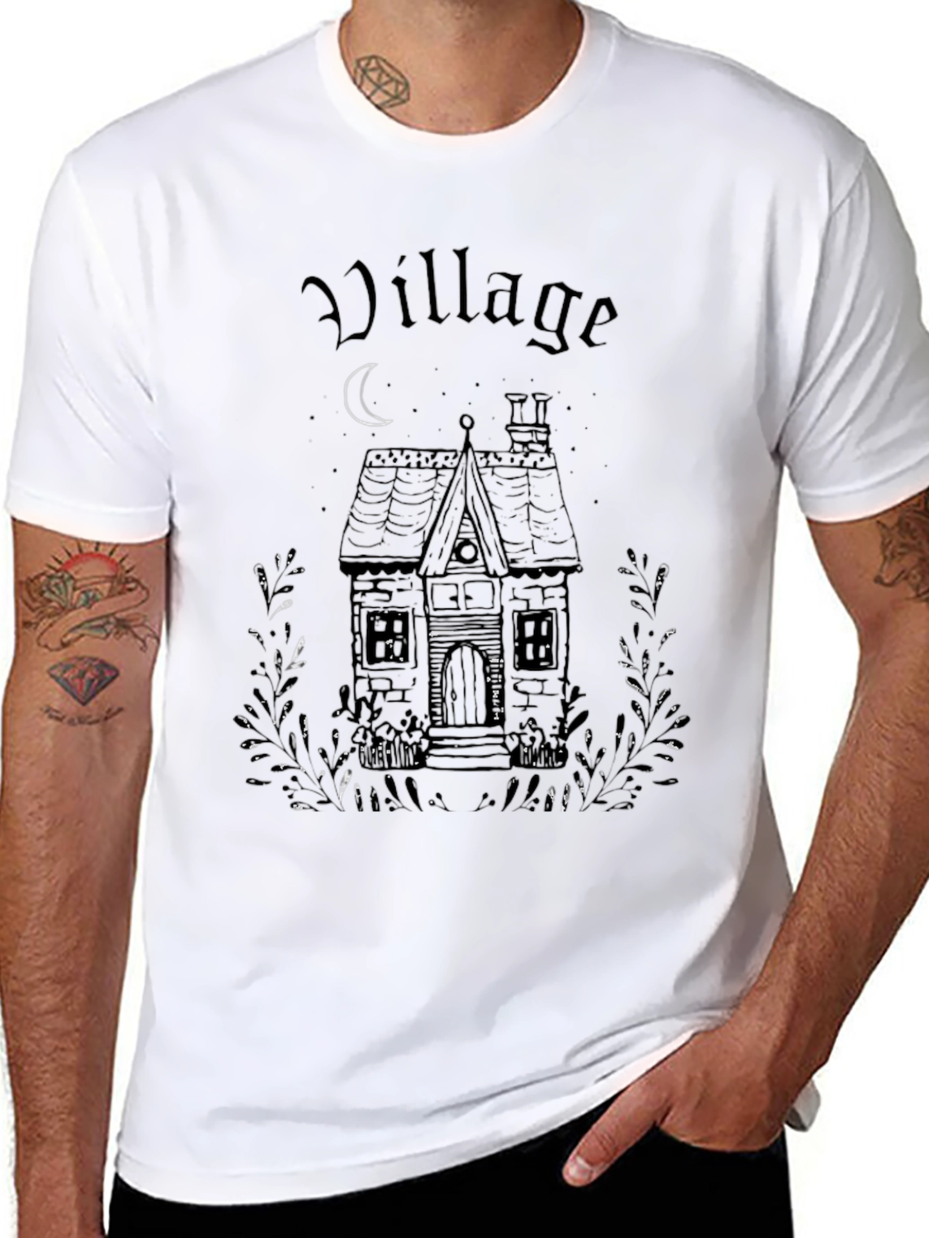 Black Village House Graphic Print Black T-Shirt view 8
