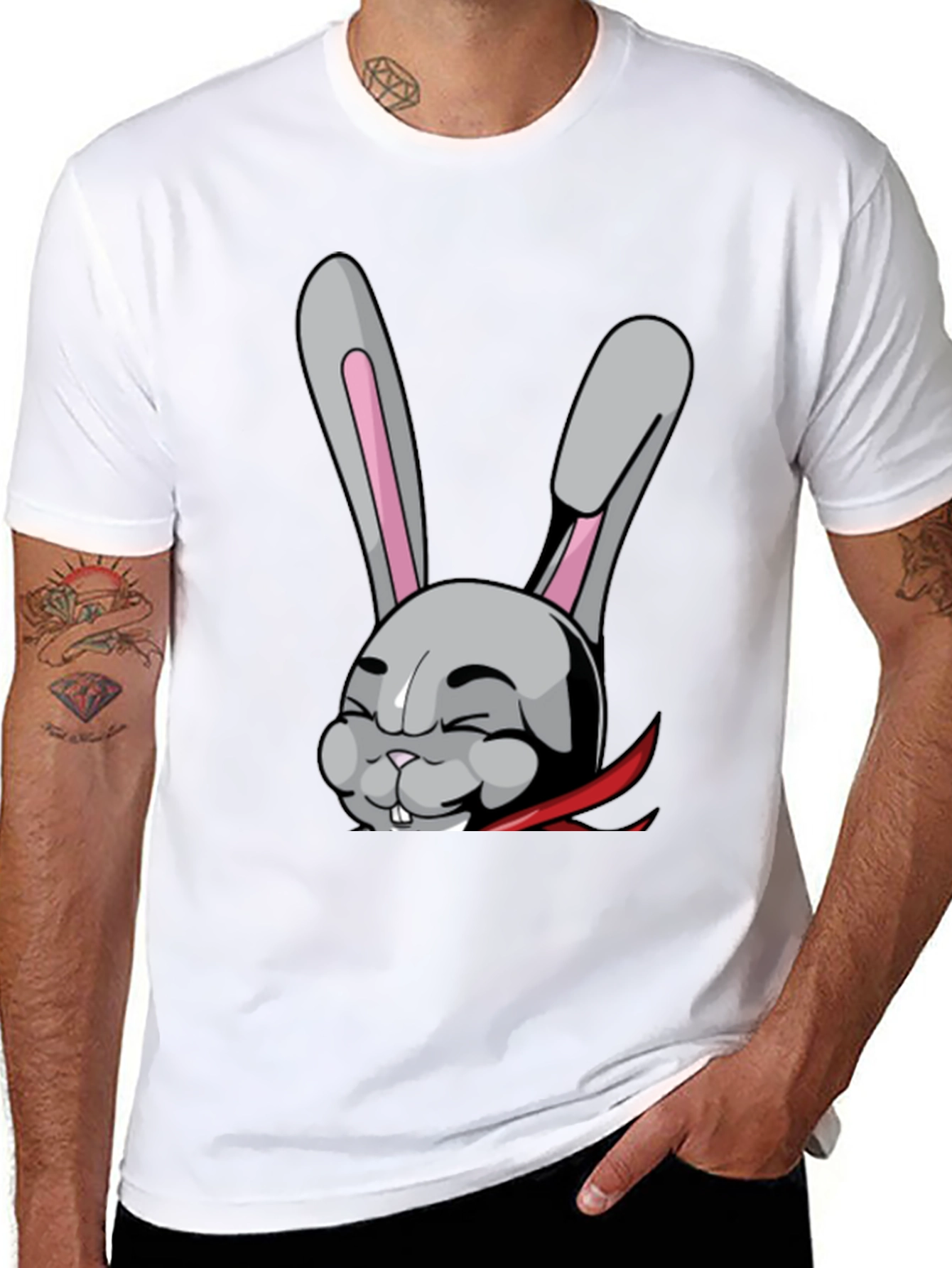 Black Black T-Shirt with Funny Cartoon Rabbit Design view 8