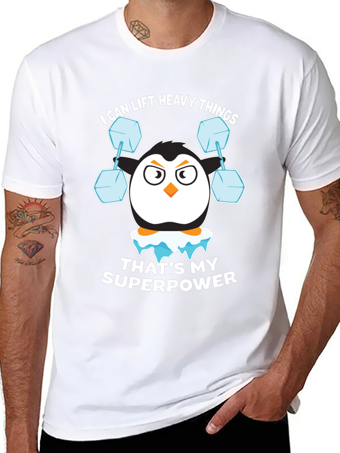 Black Penguin Lifting Weights Funny T-Shirt view 8