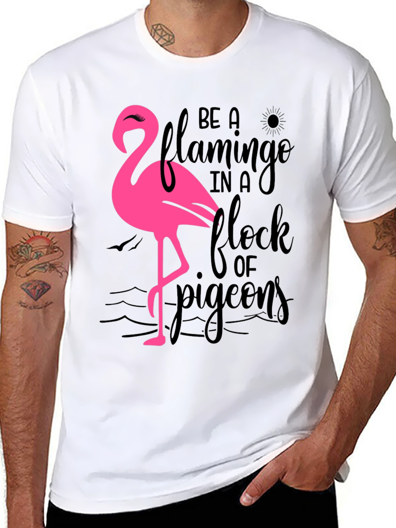 Black Be a Flamingo T-Shirt, Black Cotton Tee view 8