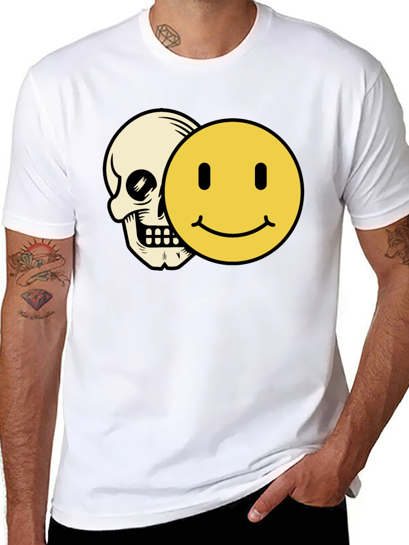 Black Skull Smiley Face Graphic Tee - Black Cotton T-Shirt view 8