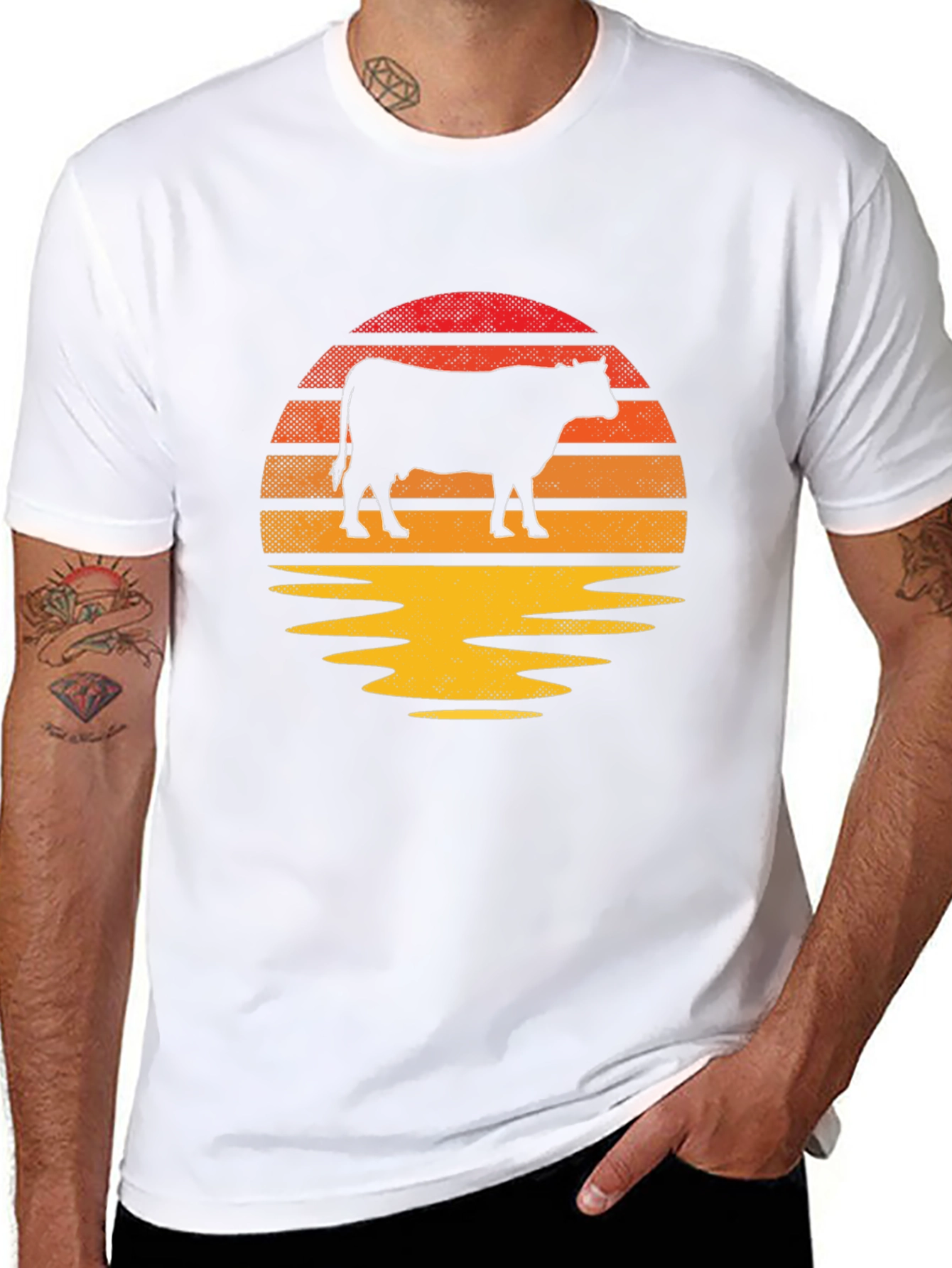 Black Retro Cow Sunset Graphic T-Shirt view 8