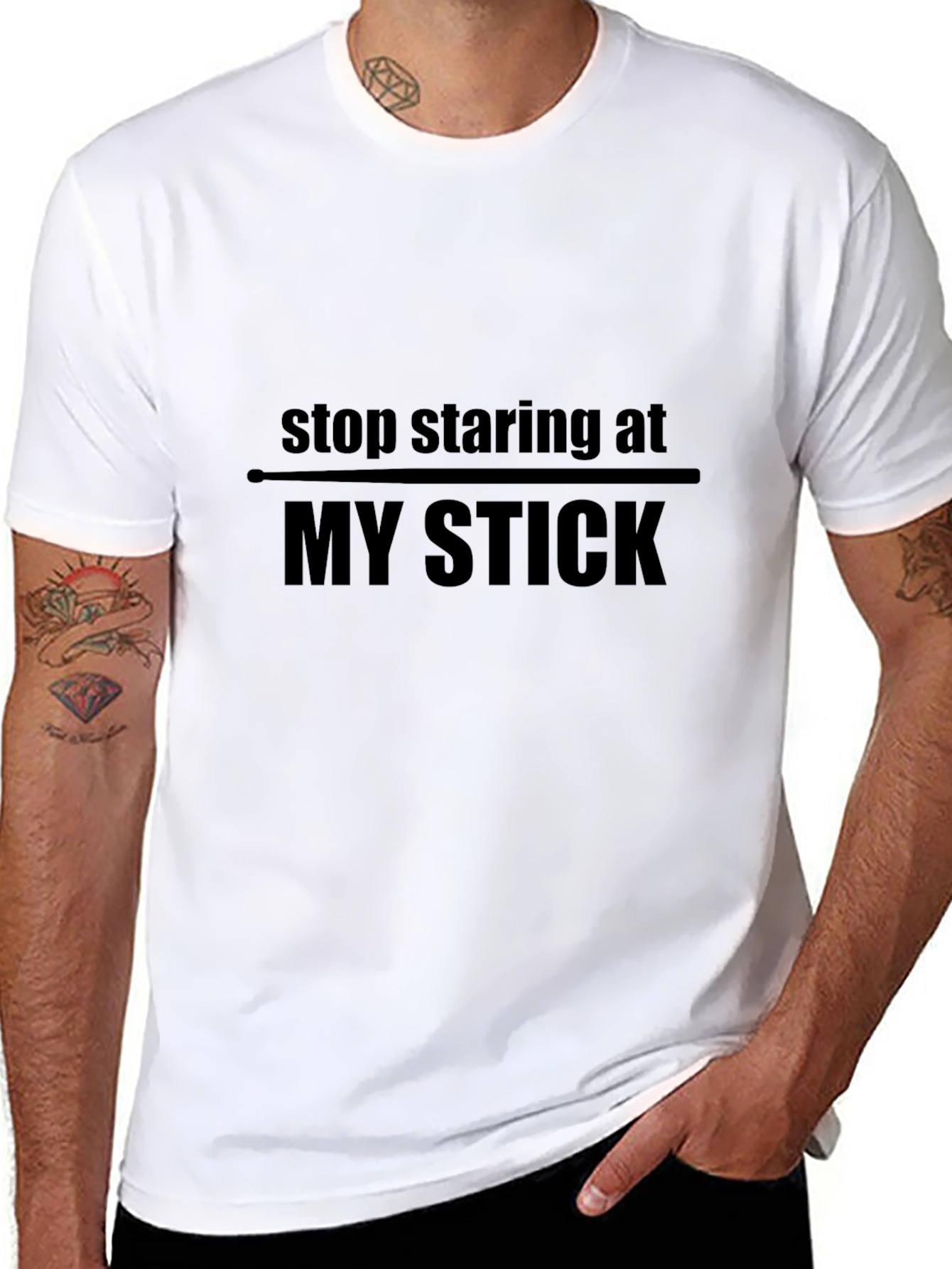 Black Funny "Stop Staring at My Stick" Black T-Shirt view 8