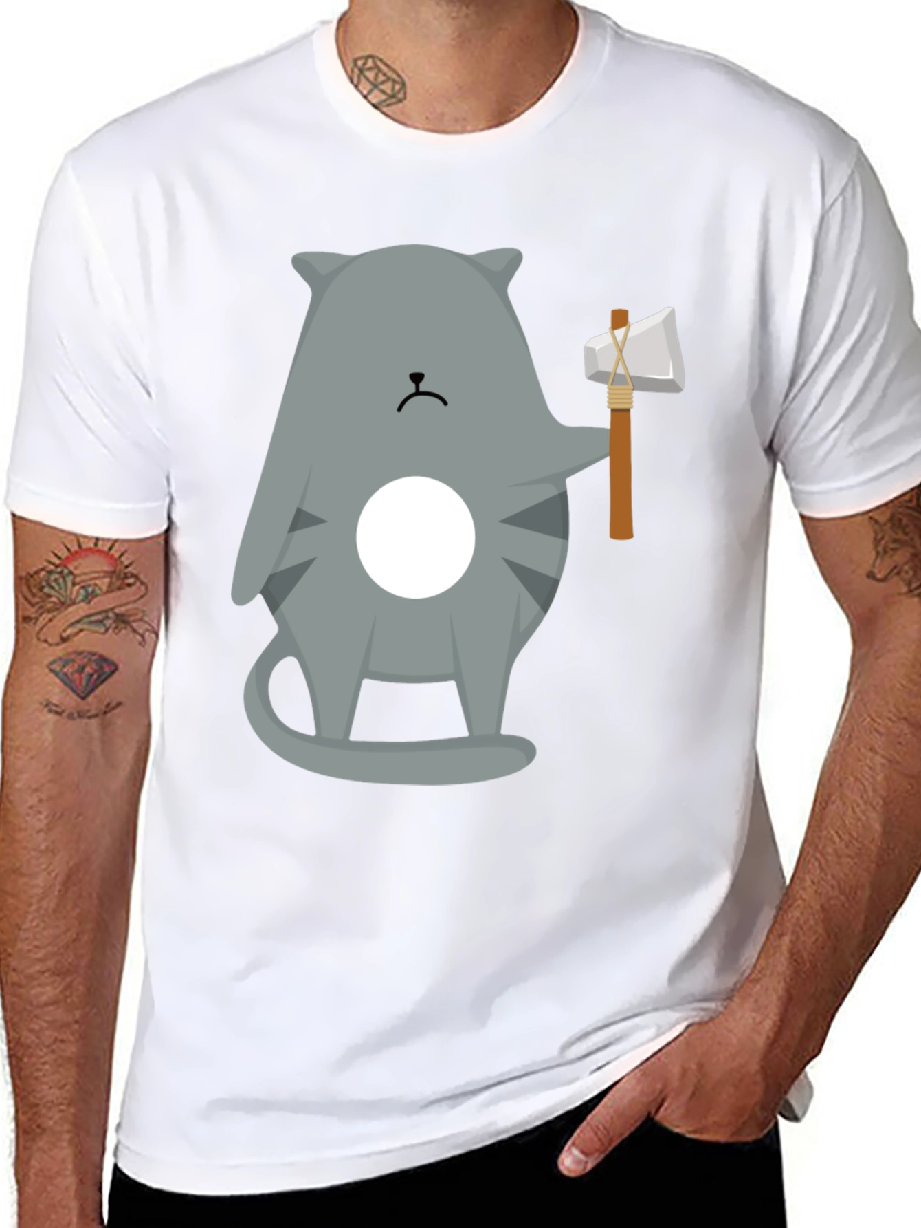 Black Cool Cat Axe T-Shirt - Funny Graphic Tee view 8