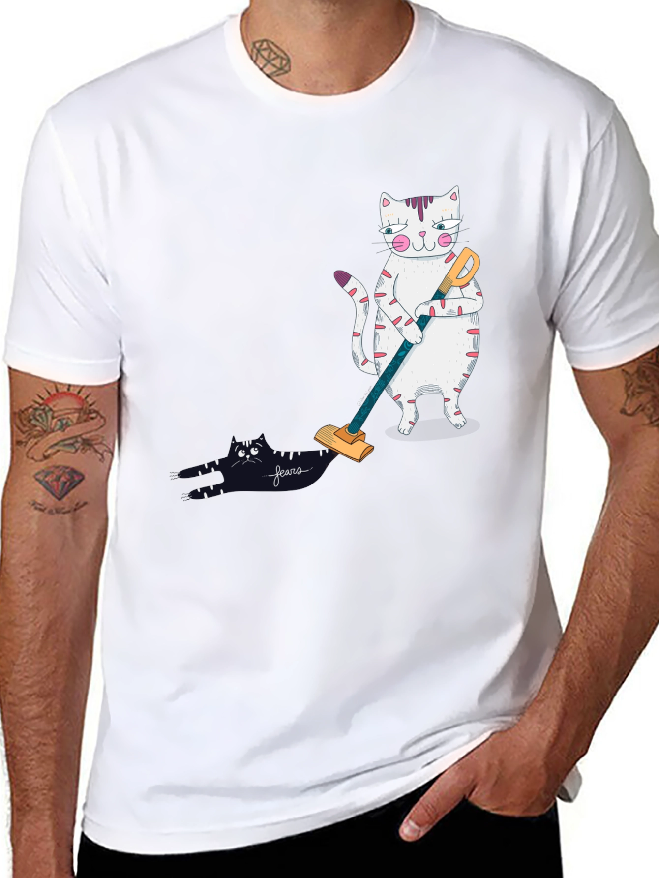 Black Funny Cat Vacuuming T-Shirt view 8