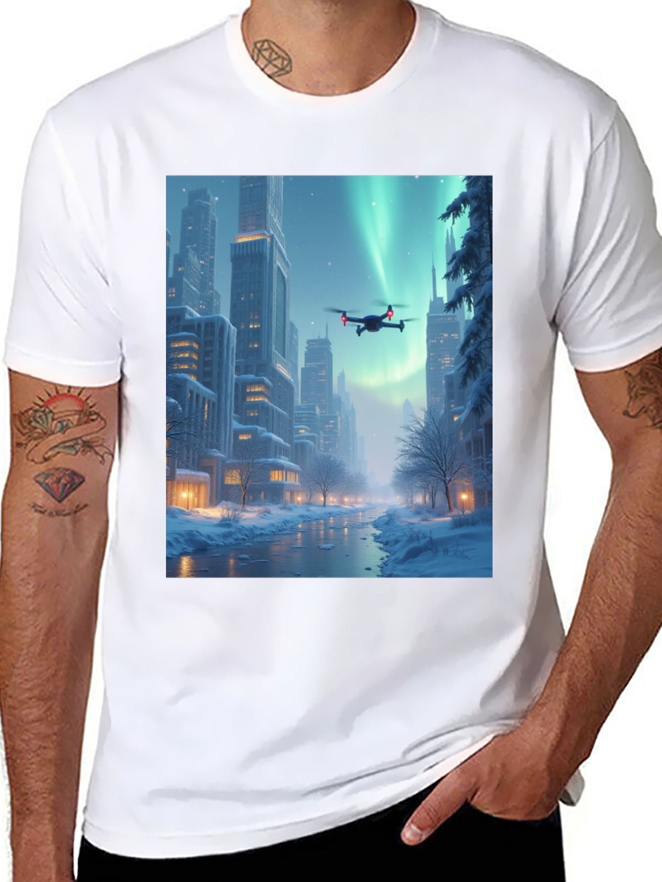 Winter Drone City T-Shirt - Aurora Flight - 8