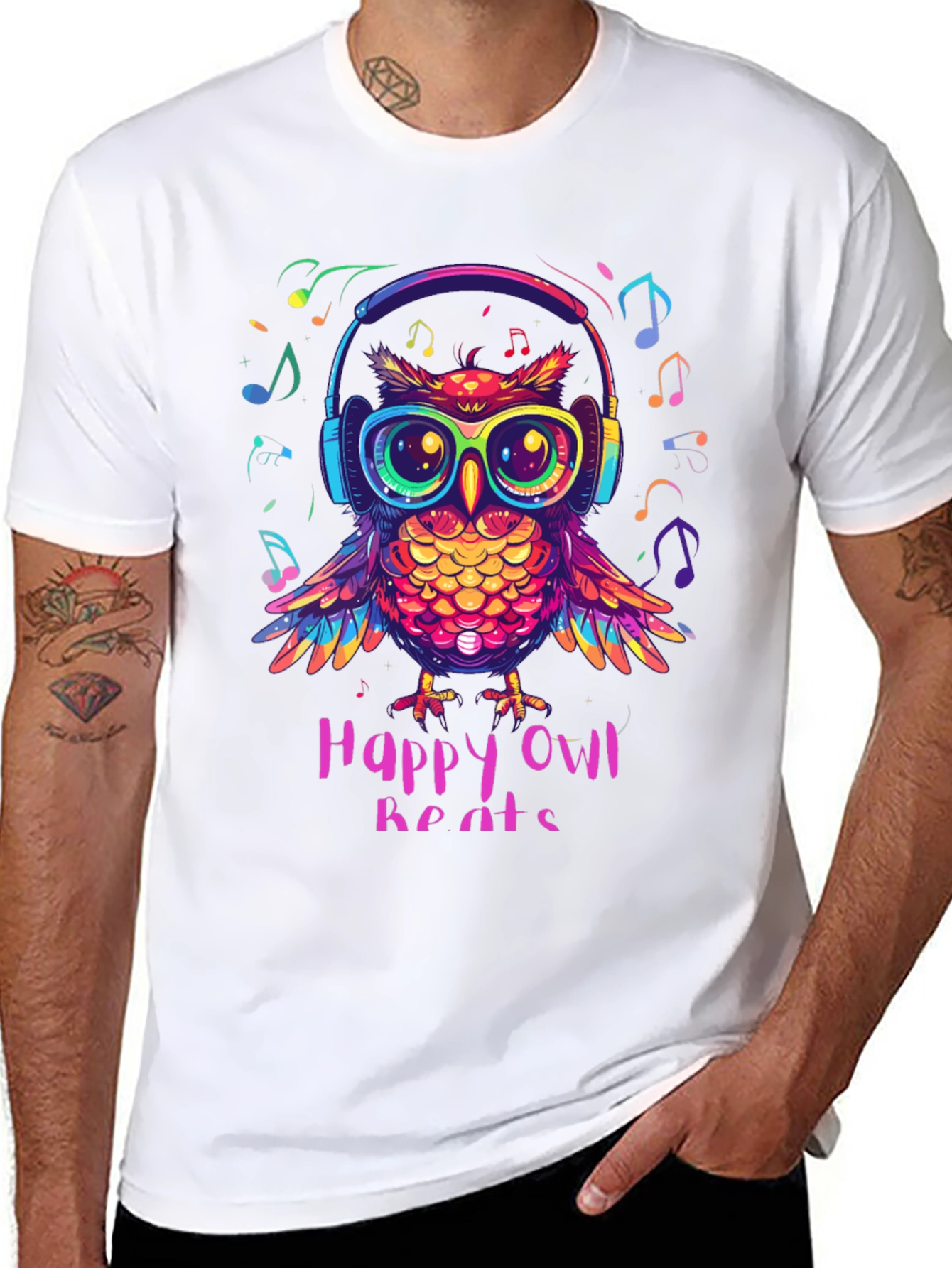 Black Happy Owl Beats T-Shirt - Colorful Music Lover Tee view 8