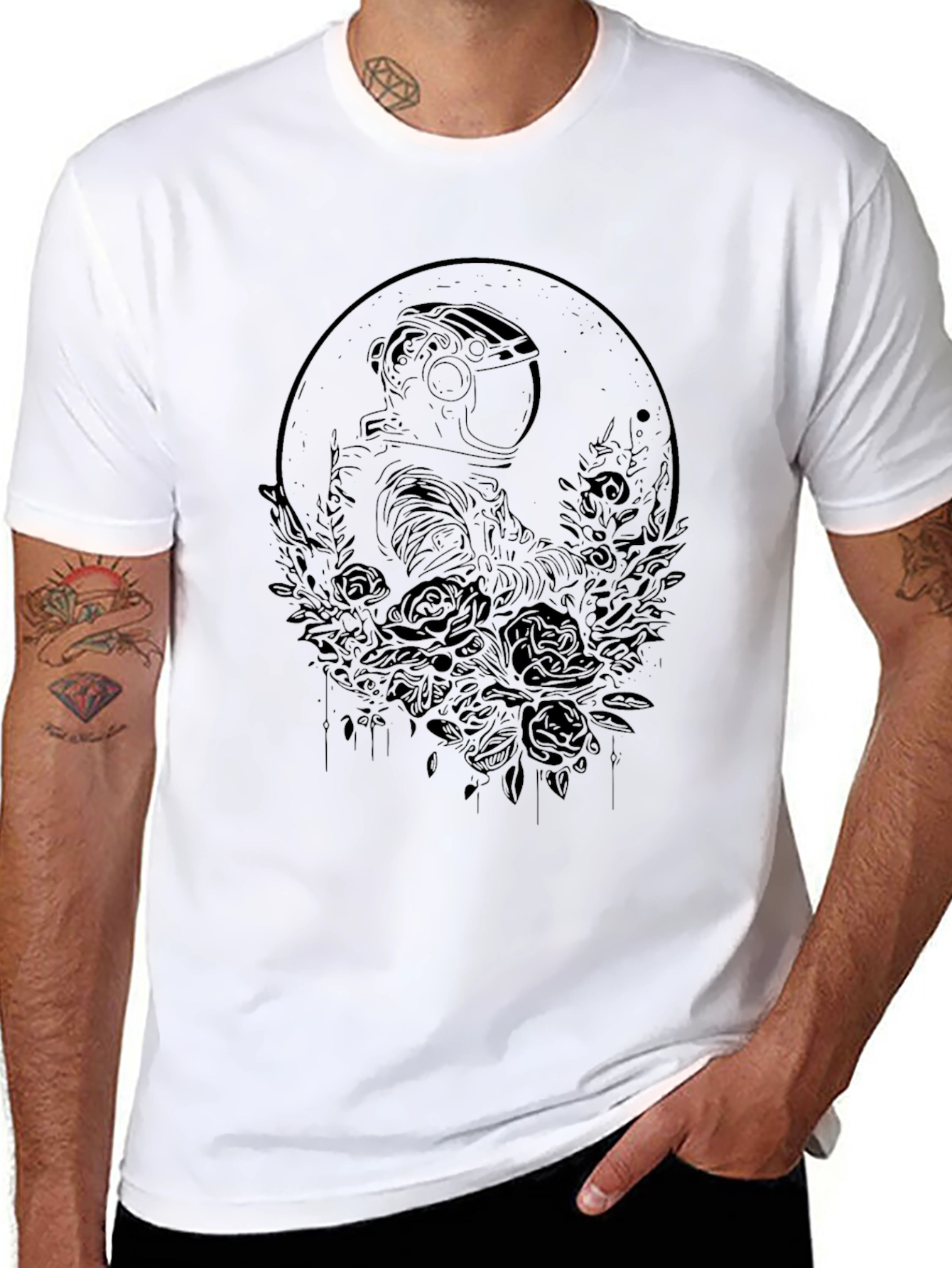Black Astronaut & Roses Black Graphic Tee - Unisex view 8