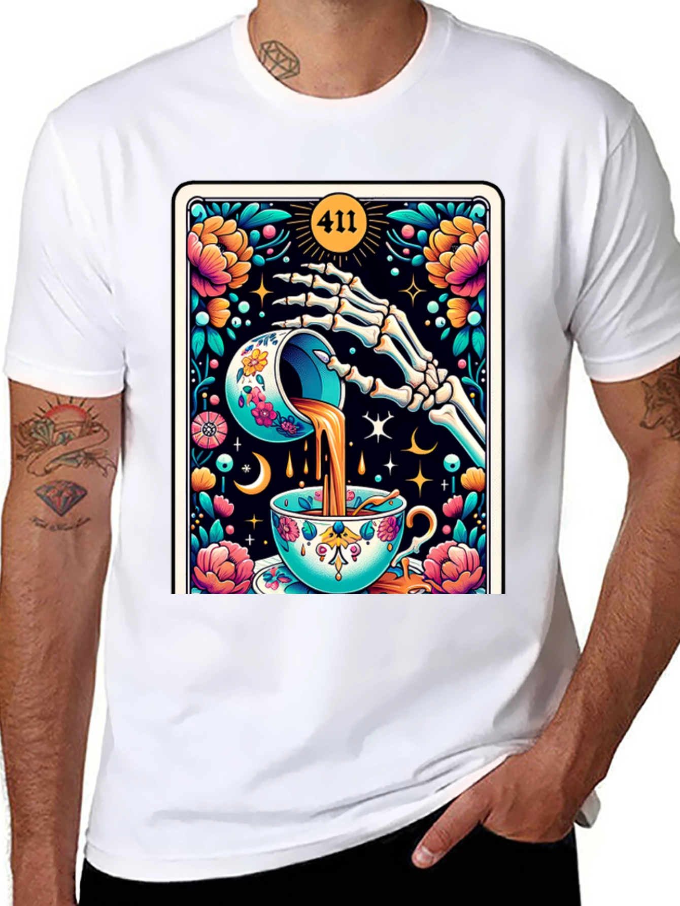 Black Floral Skeleton Tea Cup Tarot Graphic Tee view 8