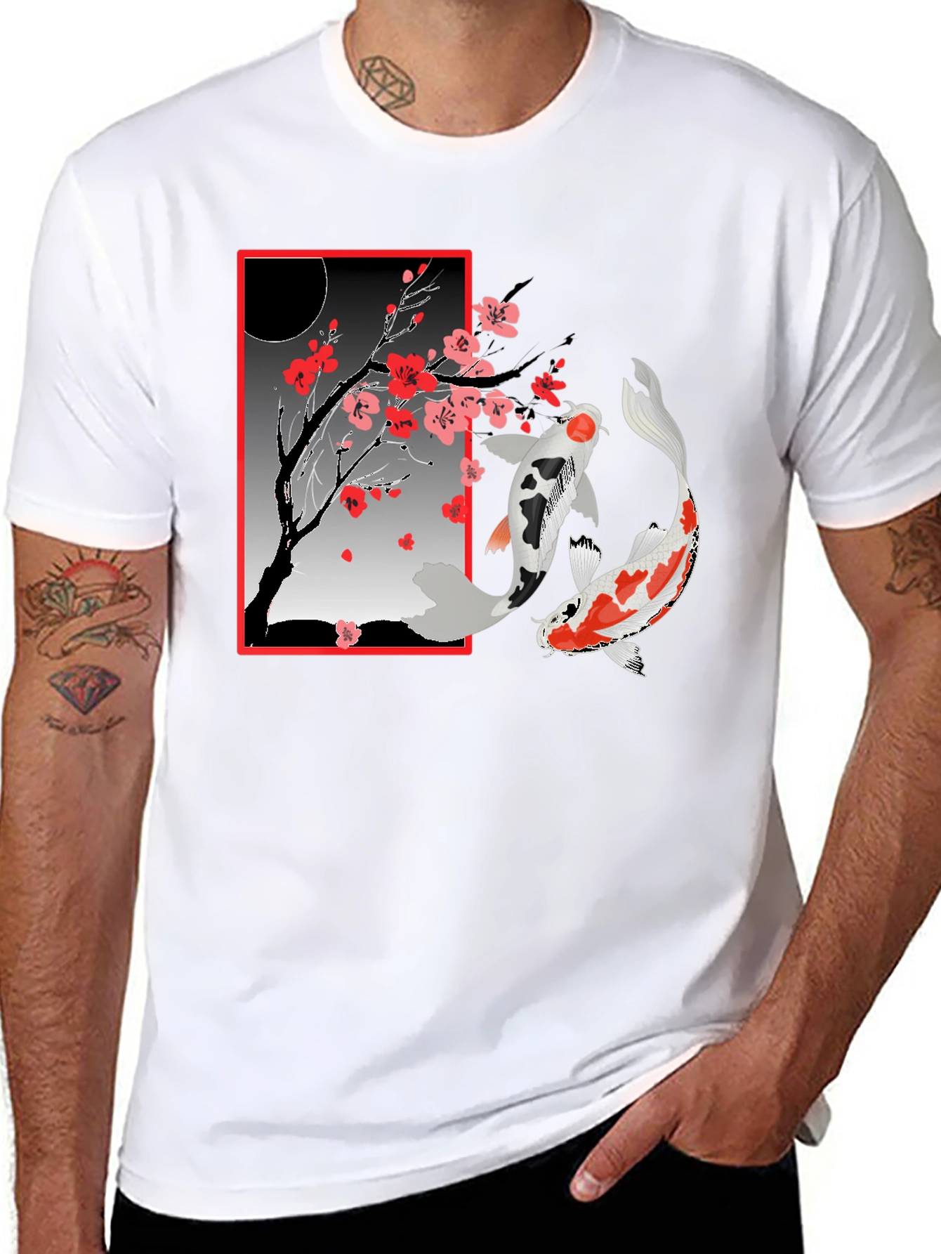 Black Koi Fish Cherry Blossom T-Shirt view 8