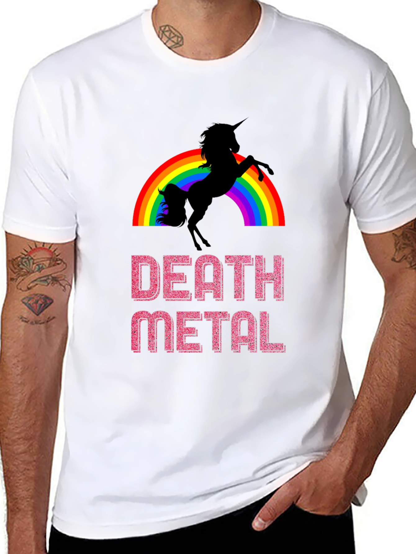 Black Death Metal Unicorn Rainbow Graphic Tee view 8