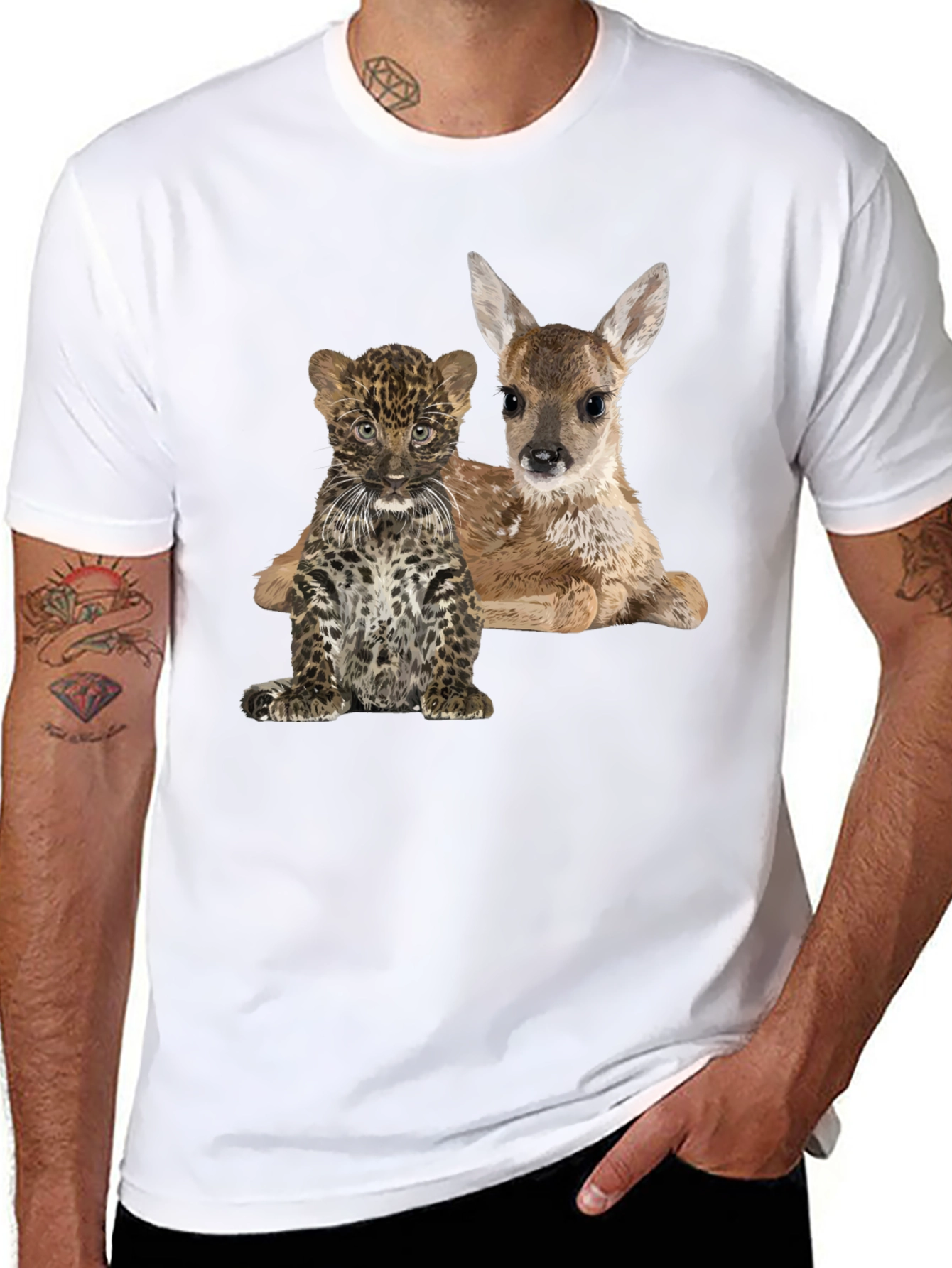 Black Cute Animal Graphic Tee - Deer and Leopard Cub view 8