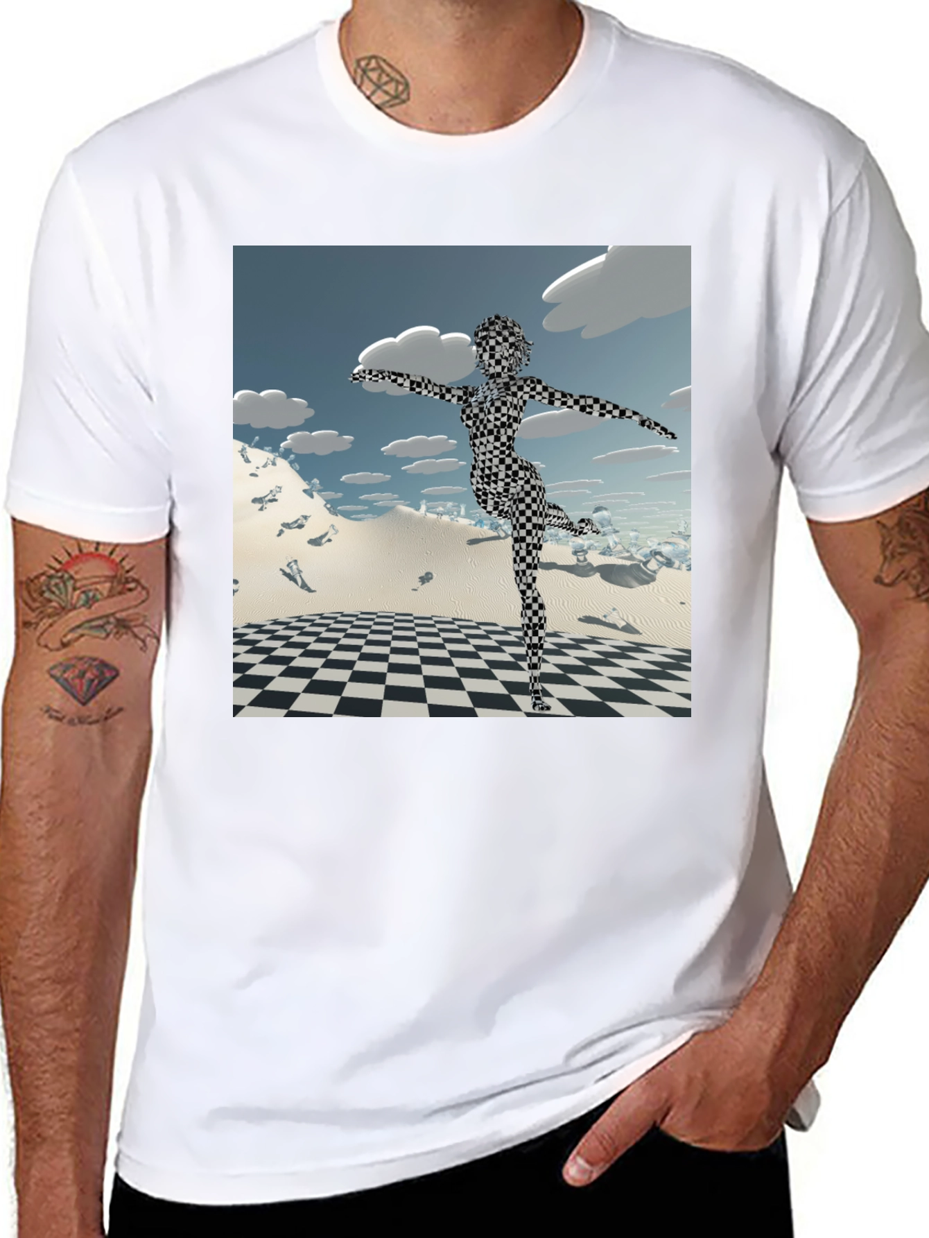 Black Abstract Black Tee: Checkered Figure view 8