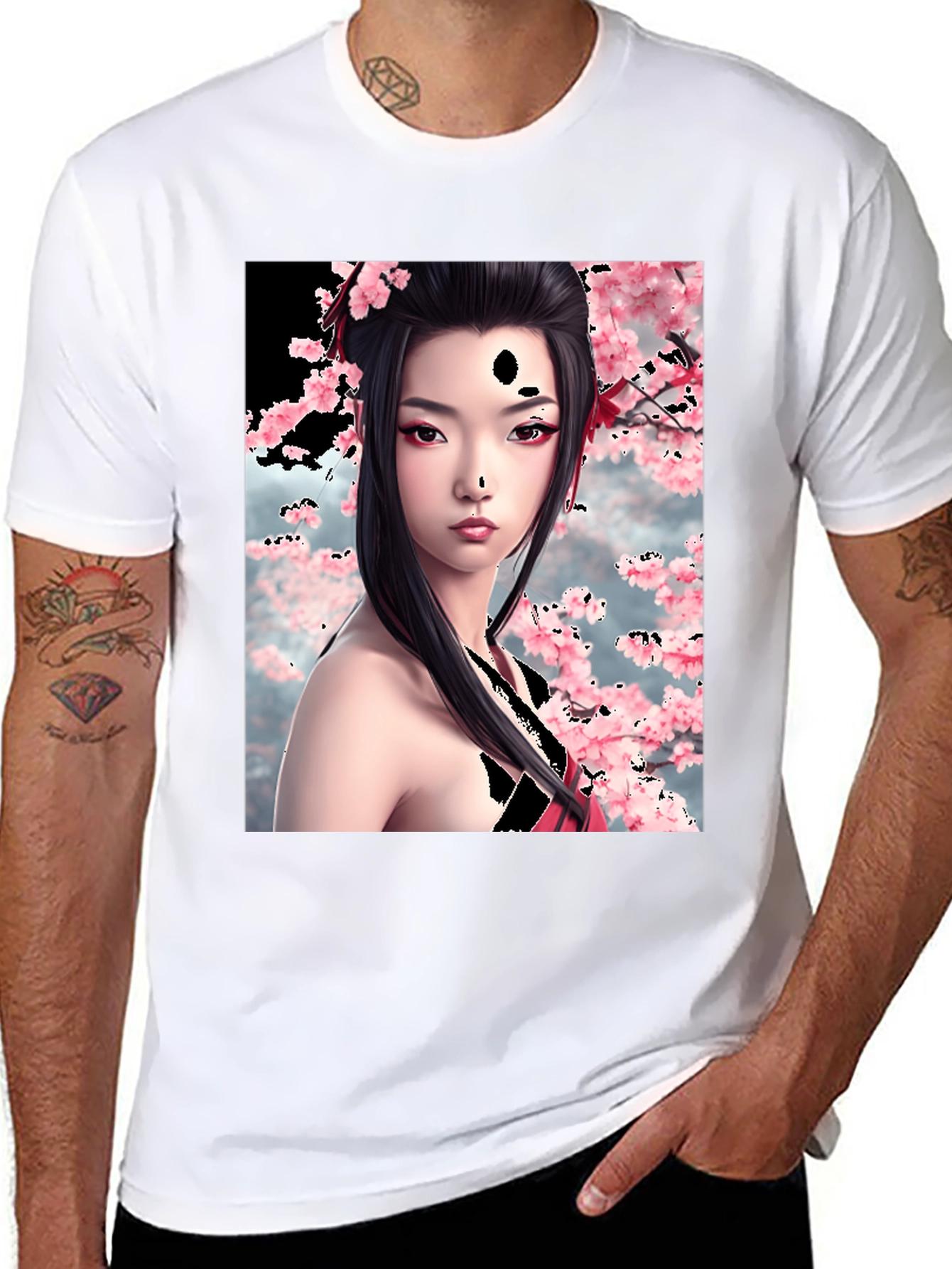 Black Geisha Cherry Blossom Graphic T-Shirt view 8