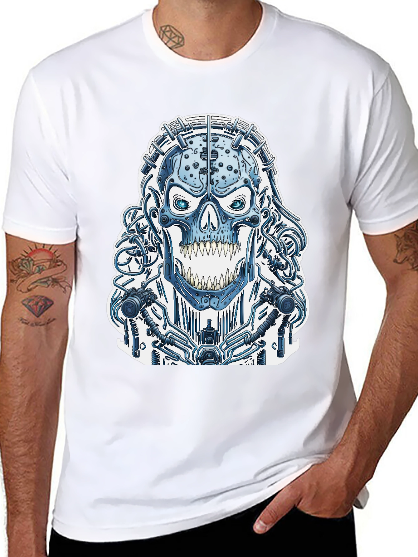 Black Cyberpunk Skull Graphic Tee - Black Cotton T-Shirt view 8