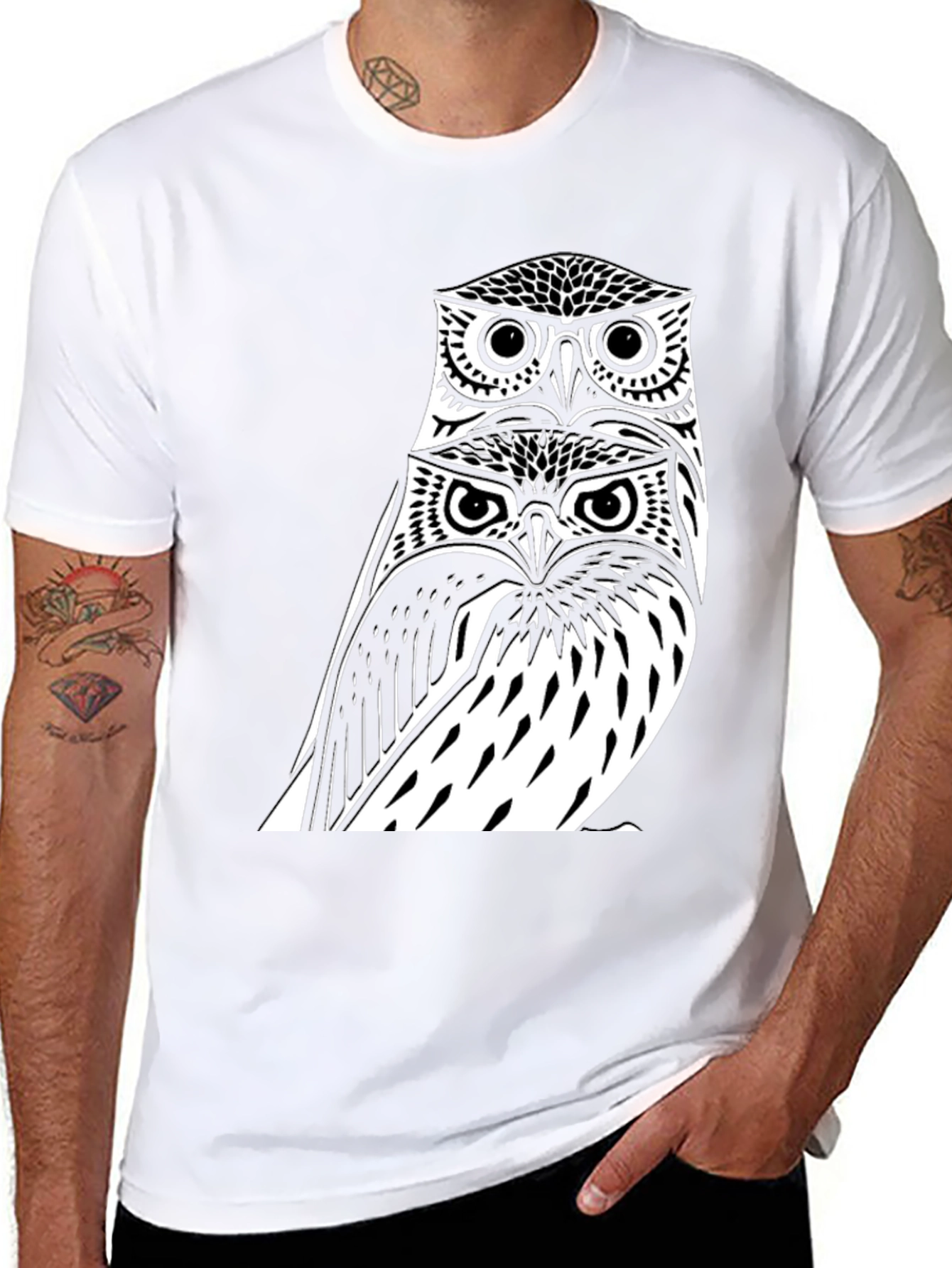 Black Stacked Owl Graphic Tee - Black Cotton Blend view 8