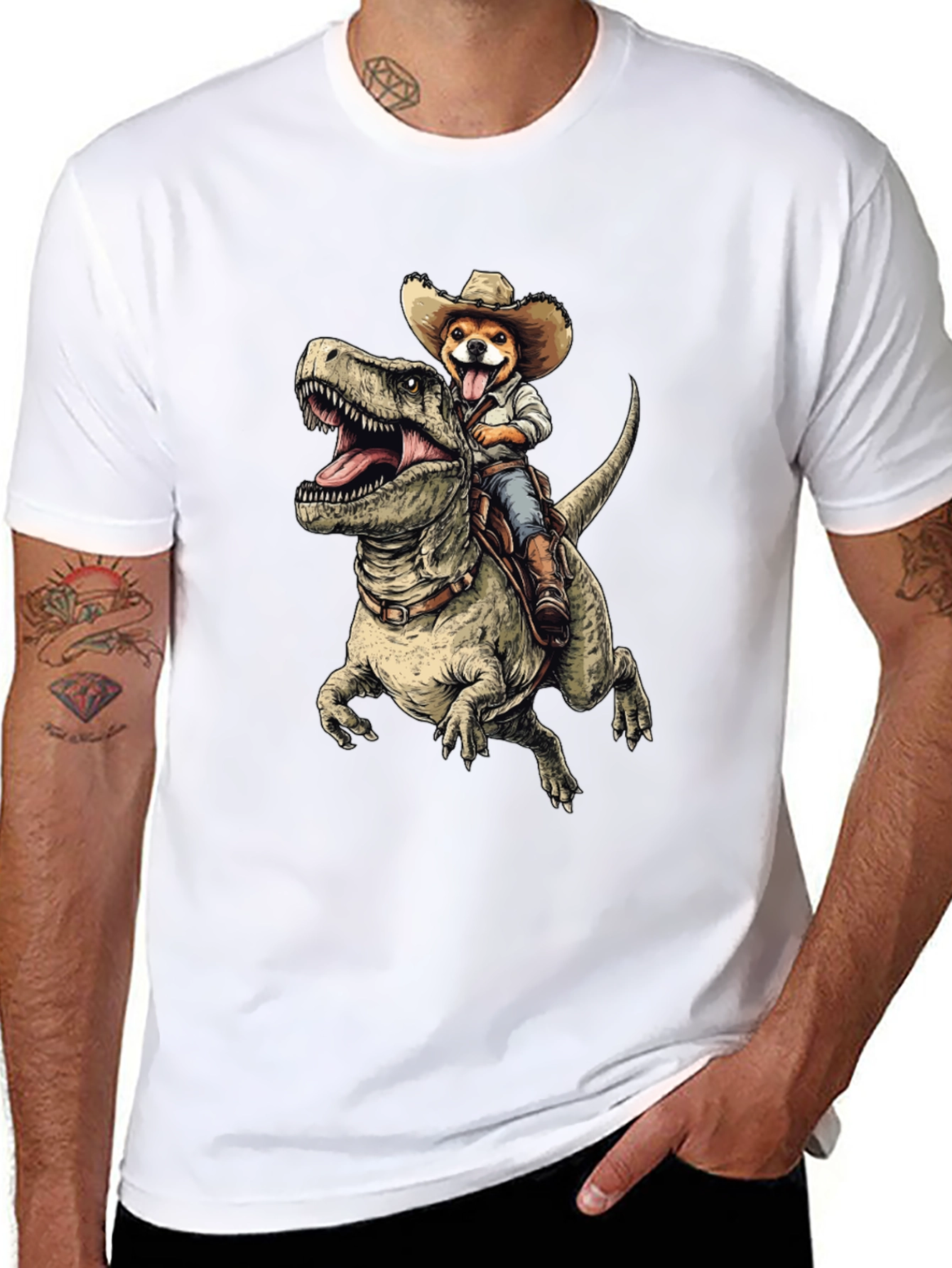 Black Dino Rider Dog T-Shirt - Funny Cowboy Pet Tee view 8