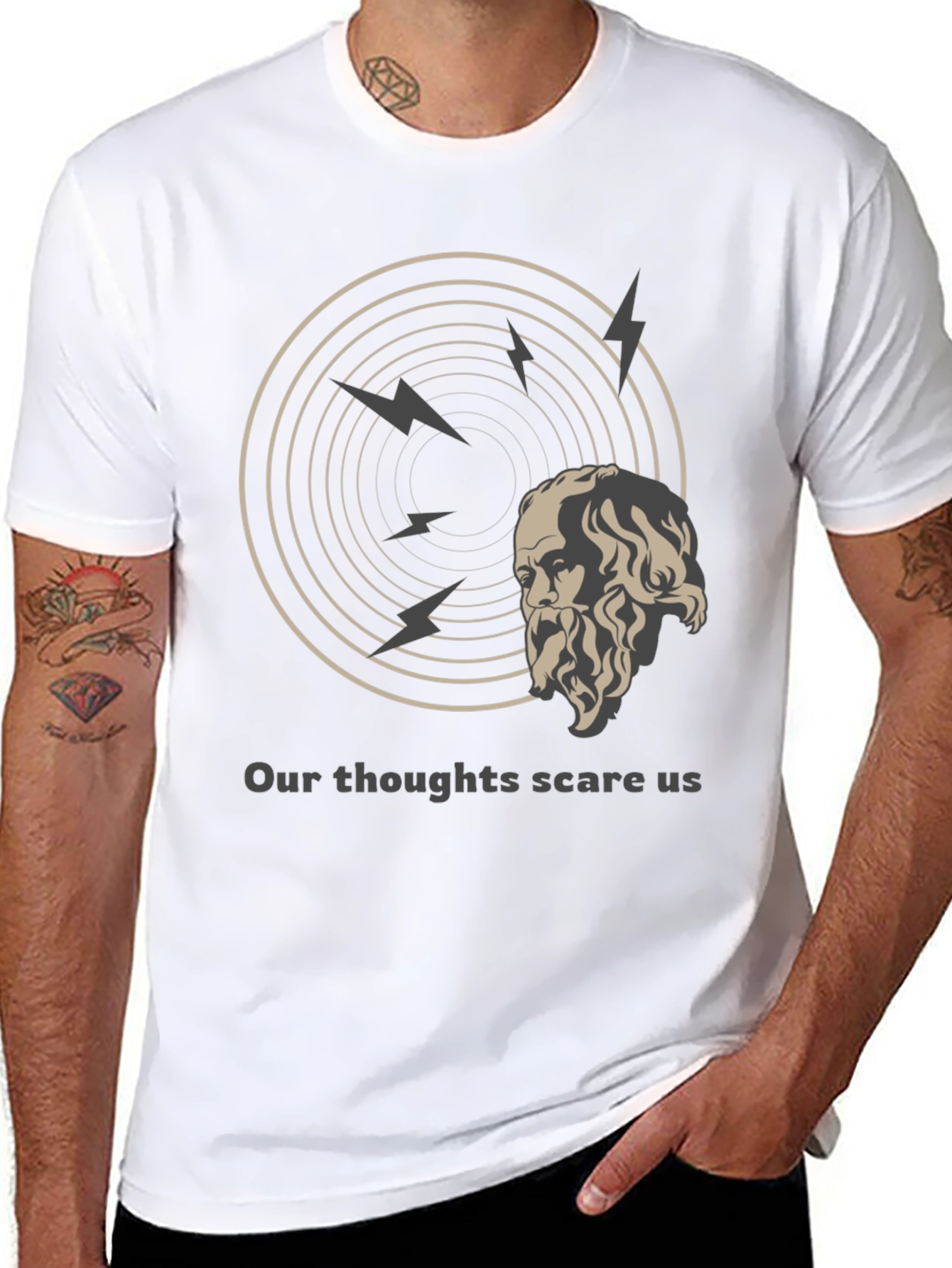 Black Philosophical T-Shirt: Our Thoughts Scare Us Tee view 8