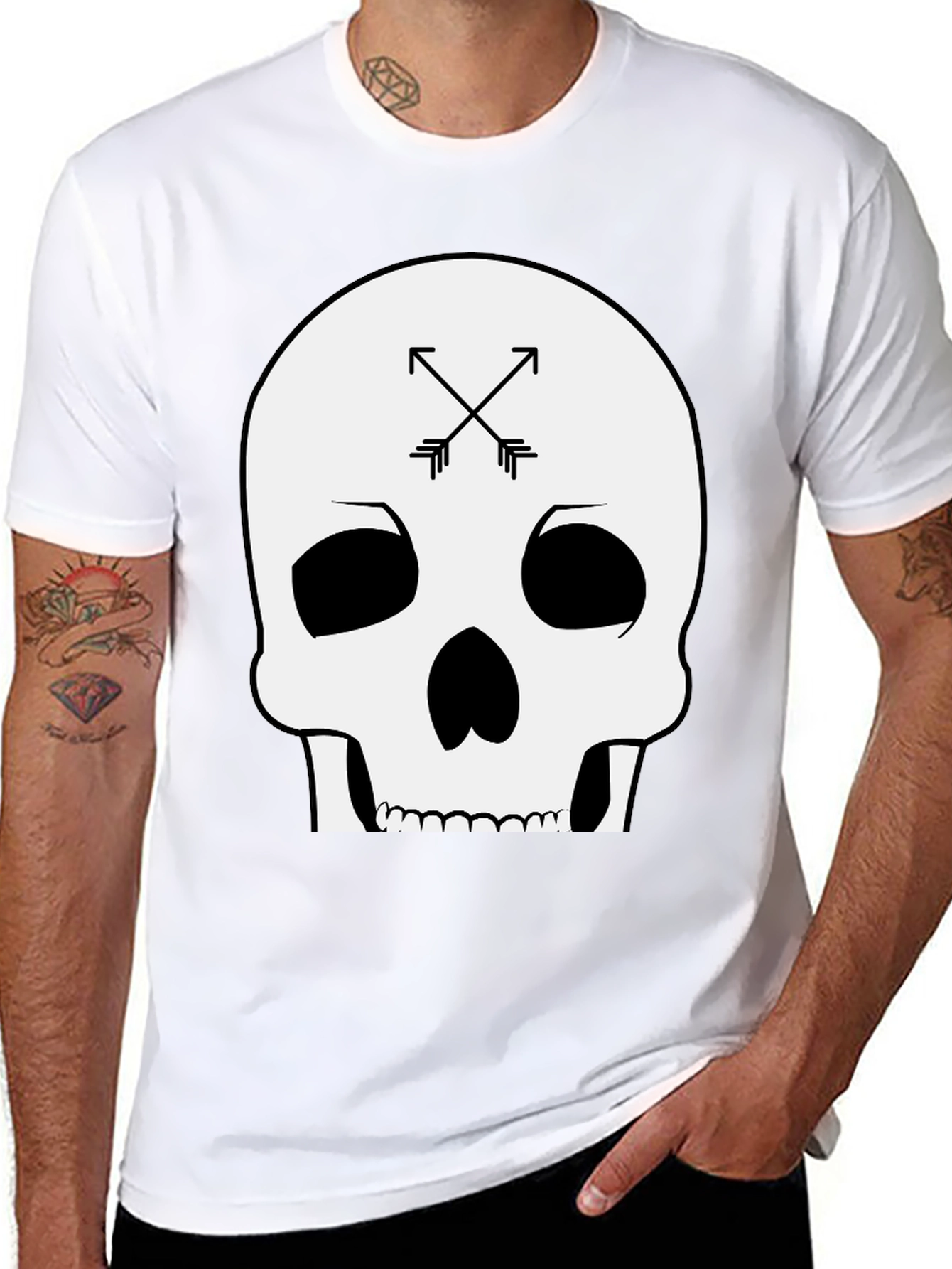 Black Skull & Arrows Graphic Tee - Black Cotton T-Shirt view 8