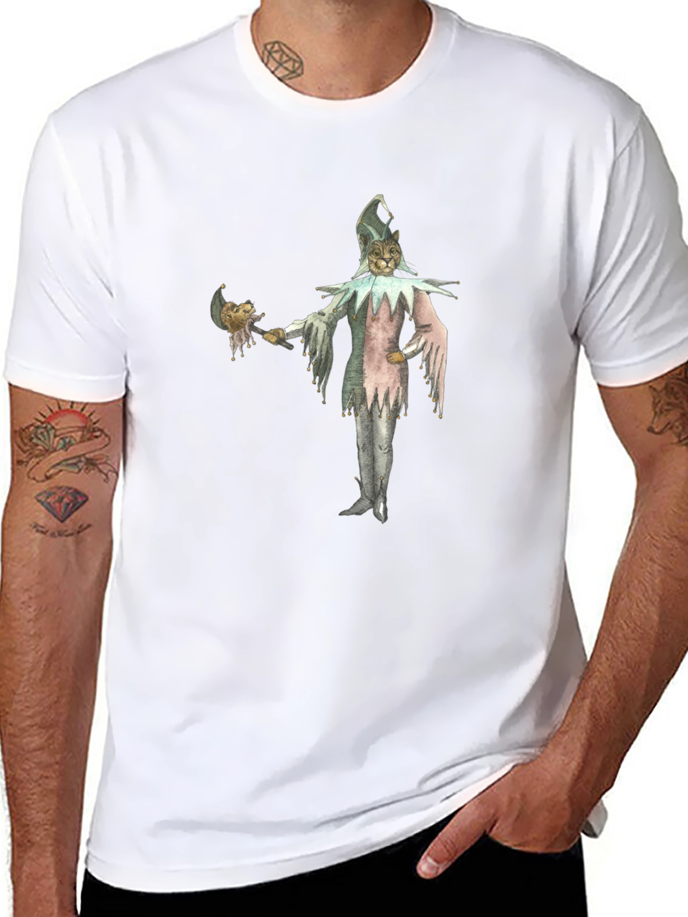 Black Whimsical Cat Jester Graphic Tee view 8