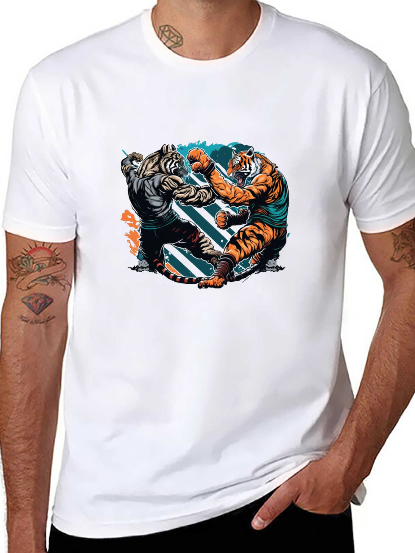 Black Tiger Fight Graphic Print Black T-Shirt view 8