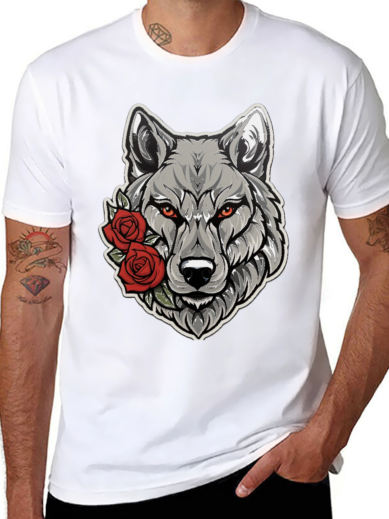 Black Wolf & Roses Graphic Tee - Men's Black T-Shirt view 8