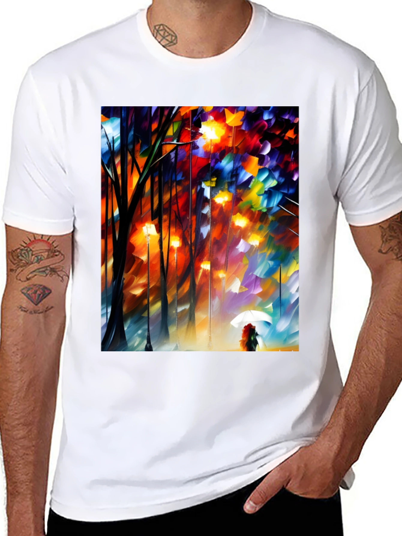 Black Artistic Autumn Rain T-Shirt - Expressive Palette Knife Design view 8