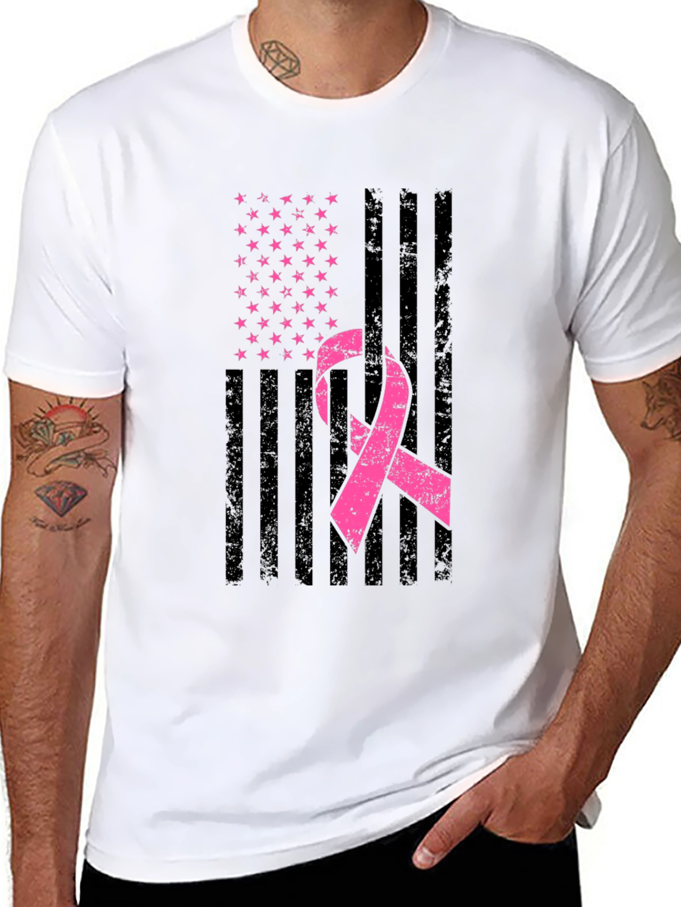 Black Breast Cancer Awareness American Flag T-Shirt view 8