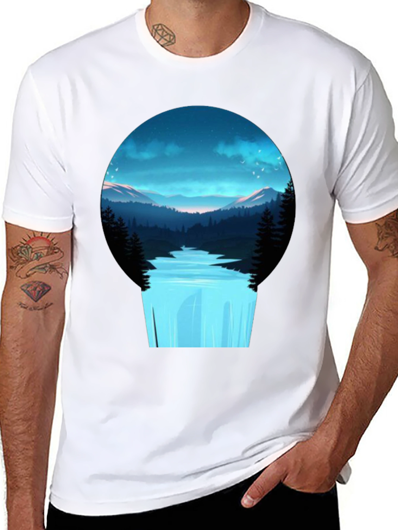 Black Nature Vista Black Tee - Artistic Mountain Waterfall Design view 8