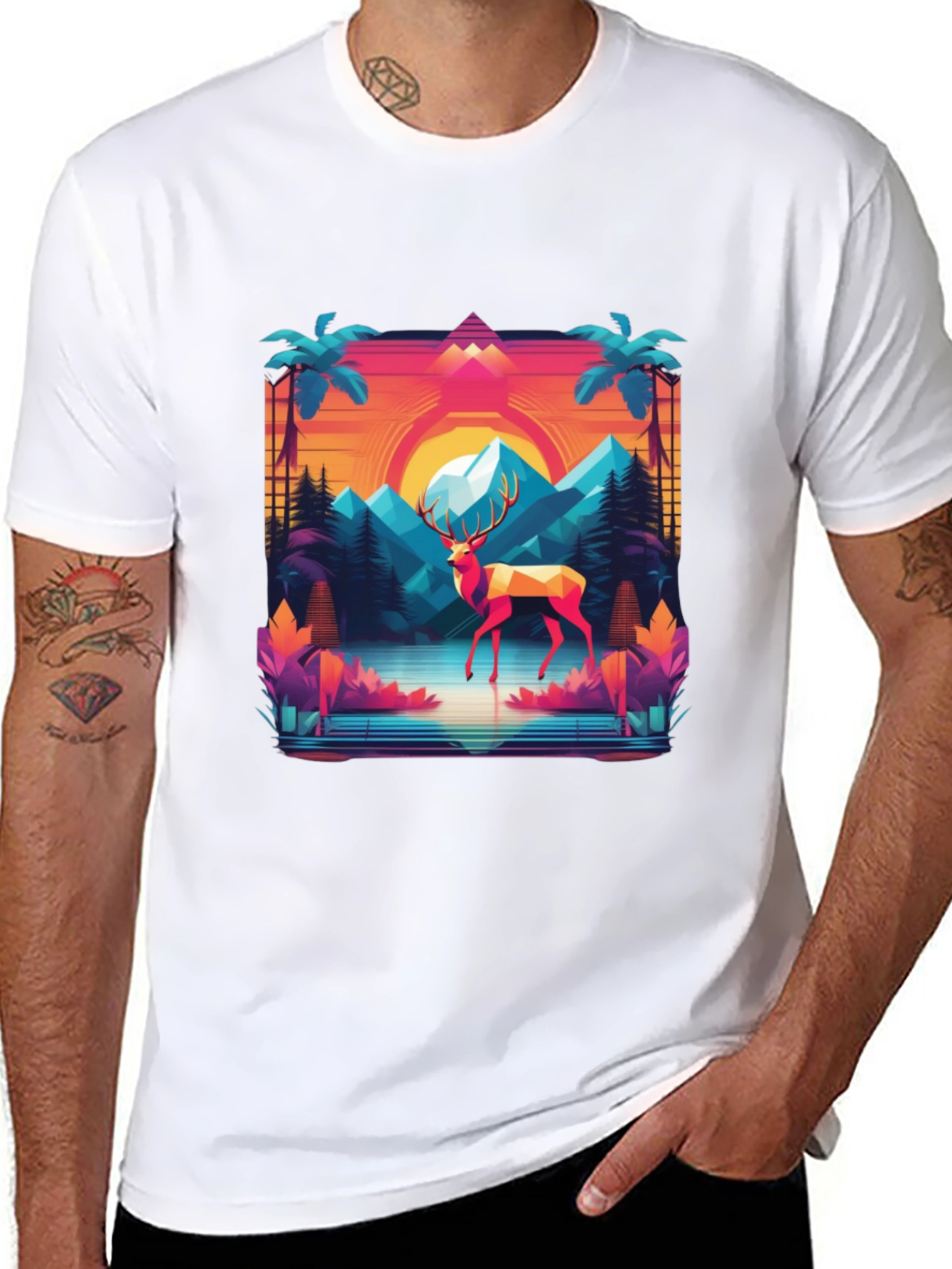 Black Retro Deer Graphic Tee - Synthwave Style view 8