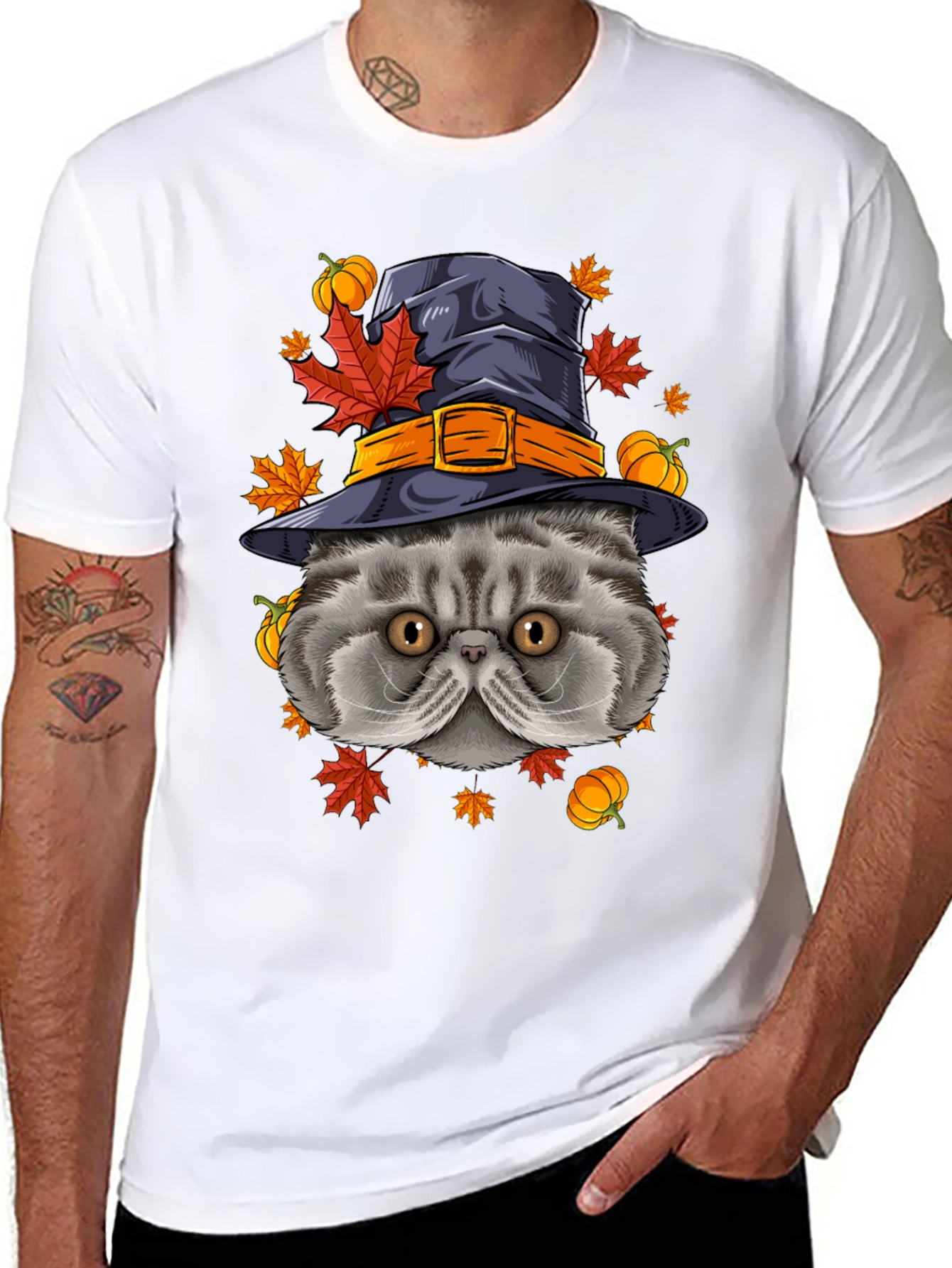 Black Halloween Cat T-Shirt with Witch Hat & Pumpkins view 8
