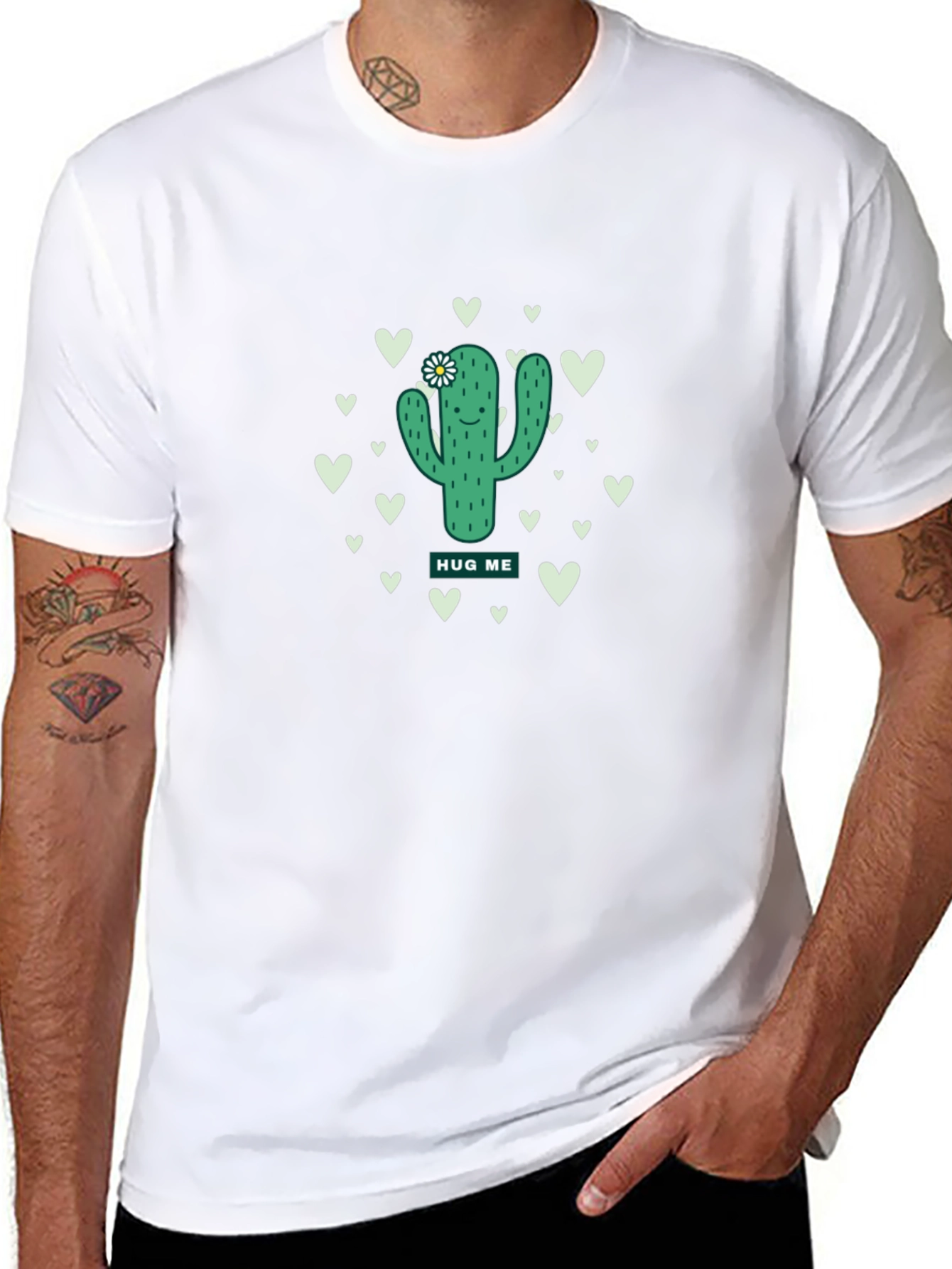 Black Cute Cactus Hug Me Graphic Tee - Unisex Black T-Shirt view 8