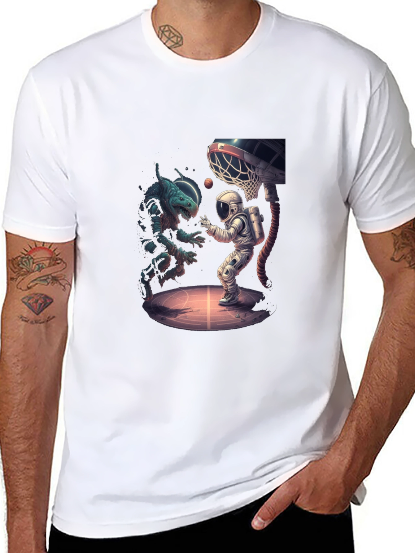 Black Cosmic Basketball T-Shirt - Alien vs Astronaut view 8